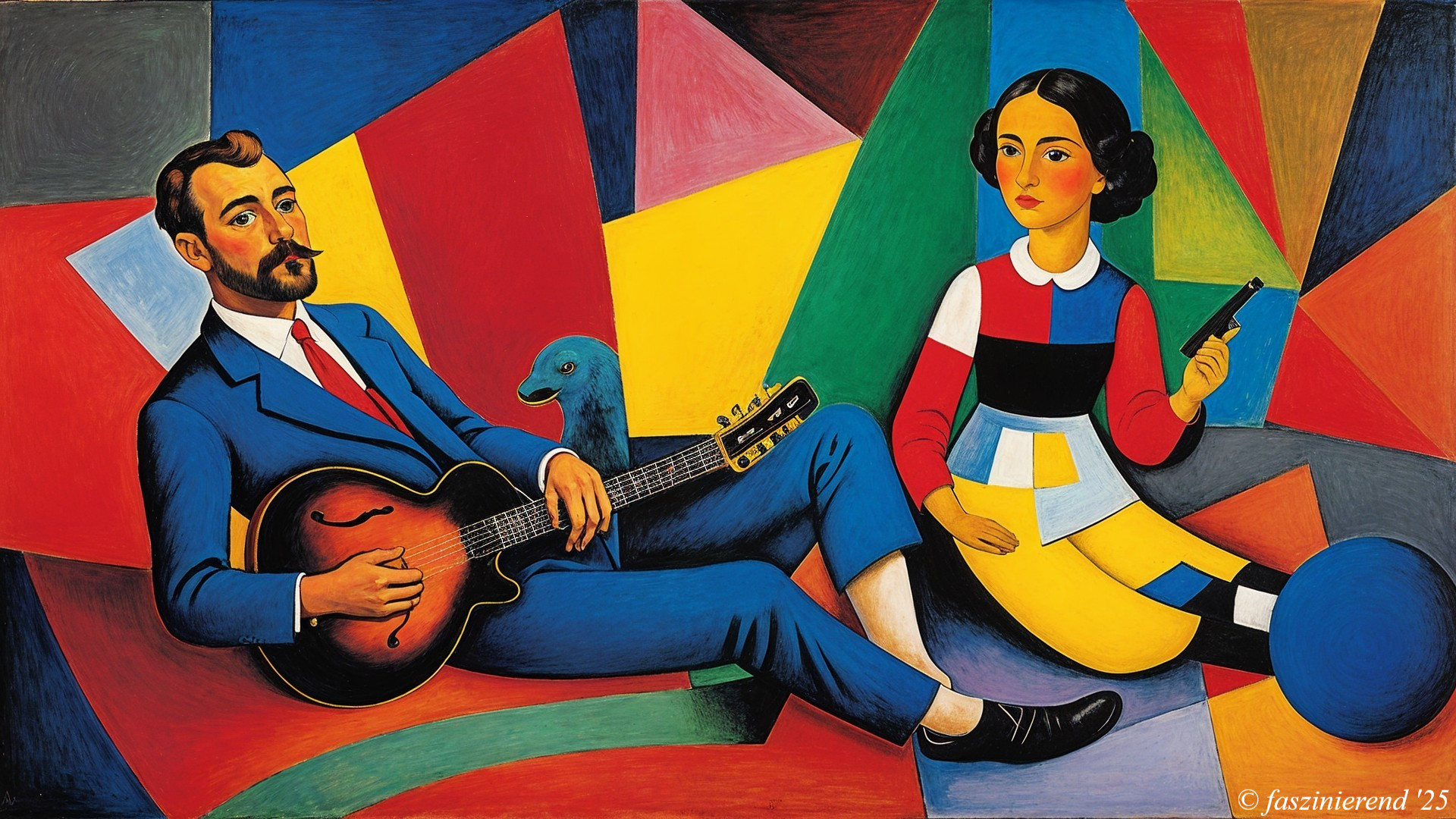 Cubist Painting of Man with Guitar and Woman with Gun