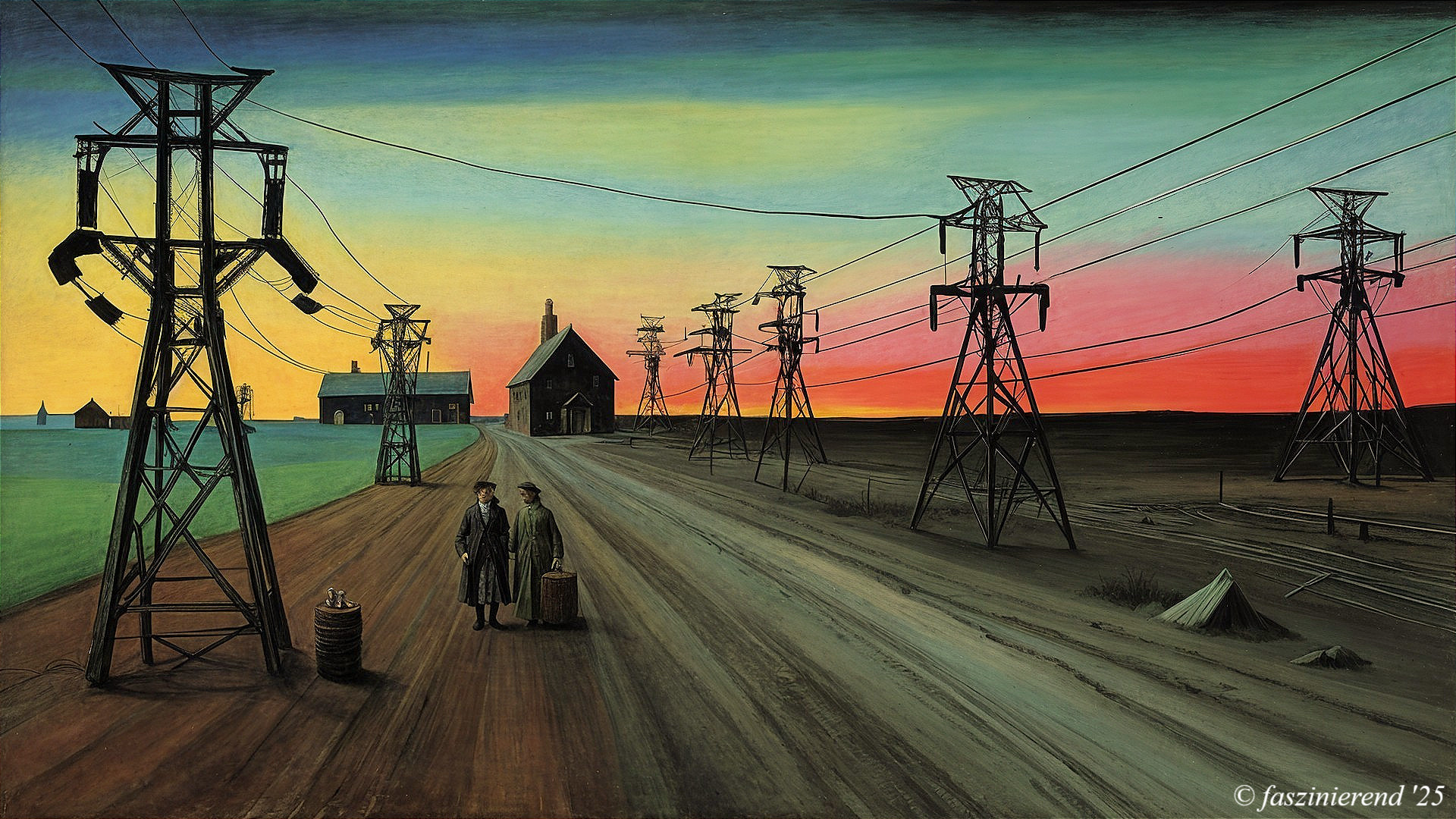 Figures on a Deserted Road with Sunset and Power Lines