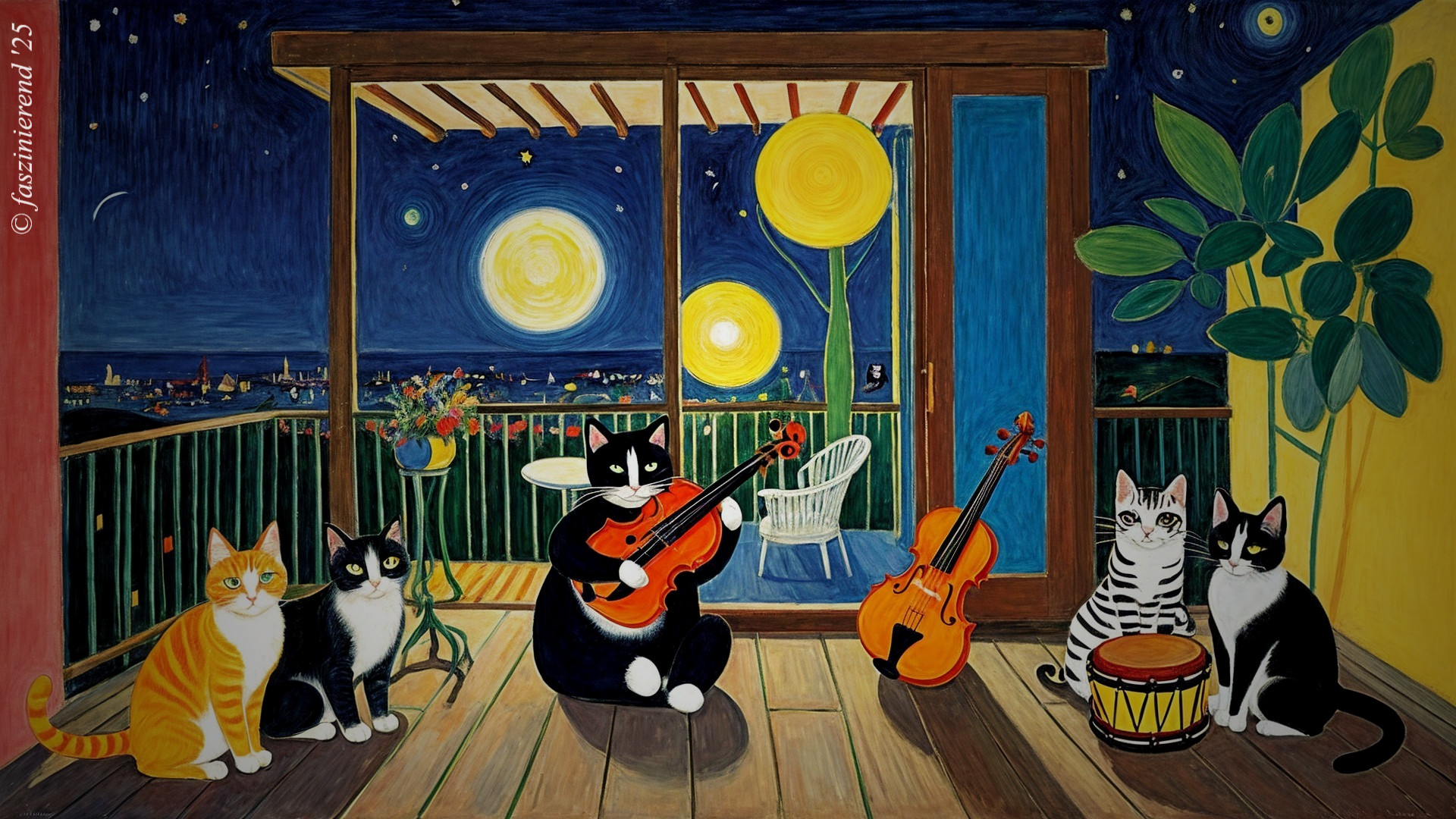 Whimsical Cats Playing Instruments on a Starry Balcony
