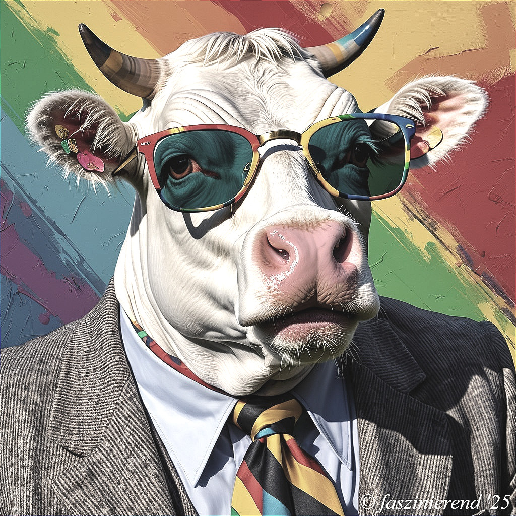 Whimsical Cow in Sunglasses and Colorful Tie