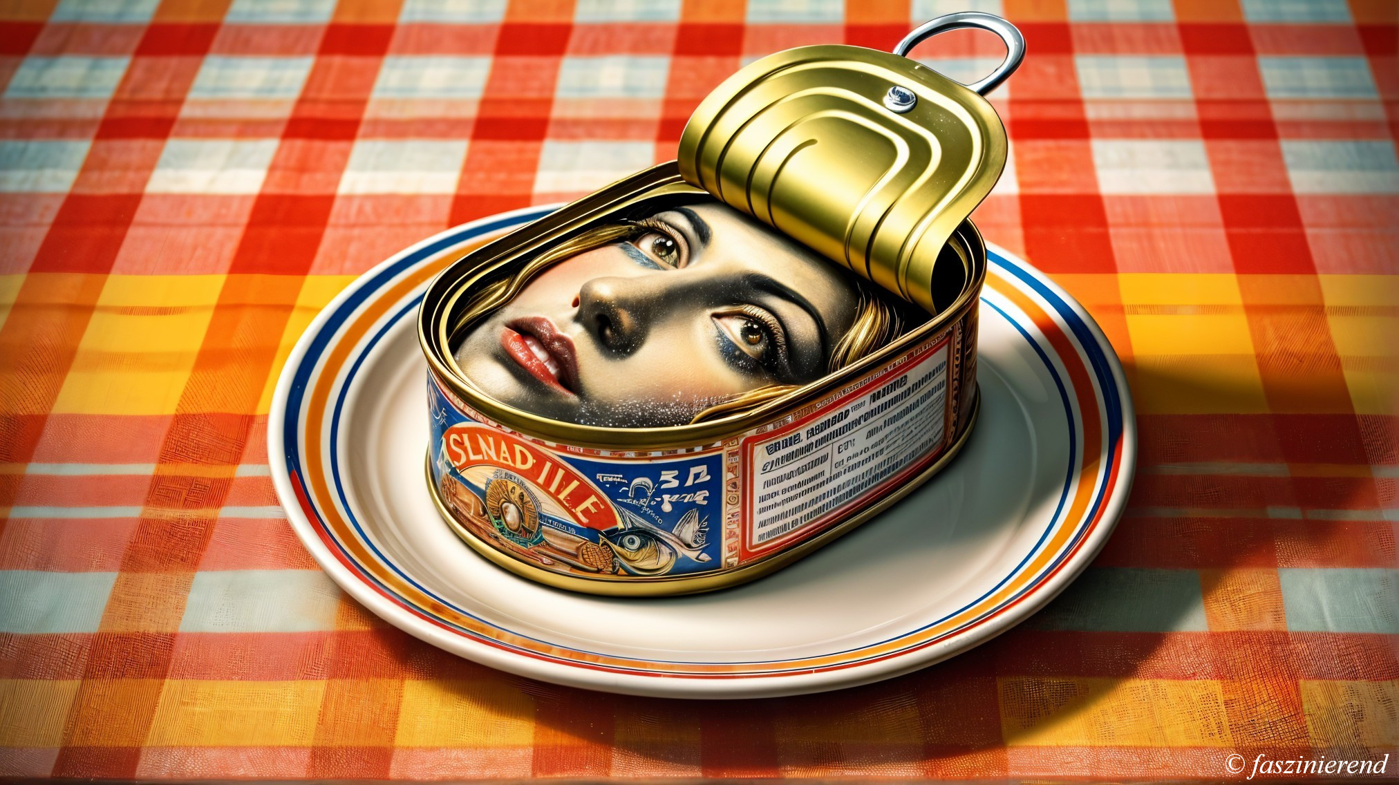 Surreal Scene of a Woman's Face in a Tin Can