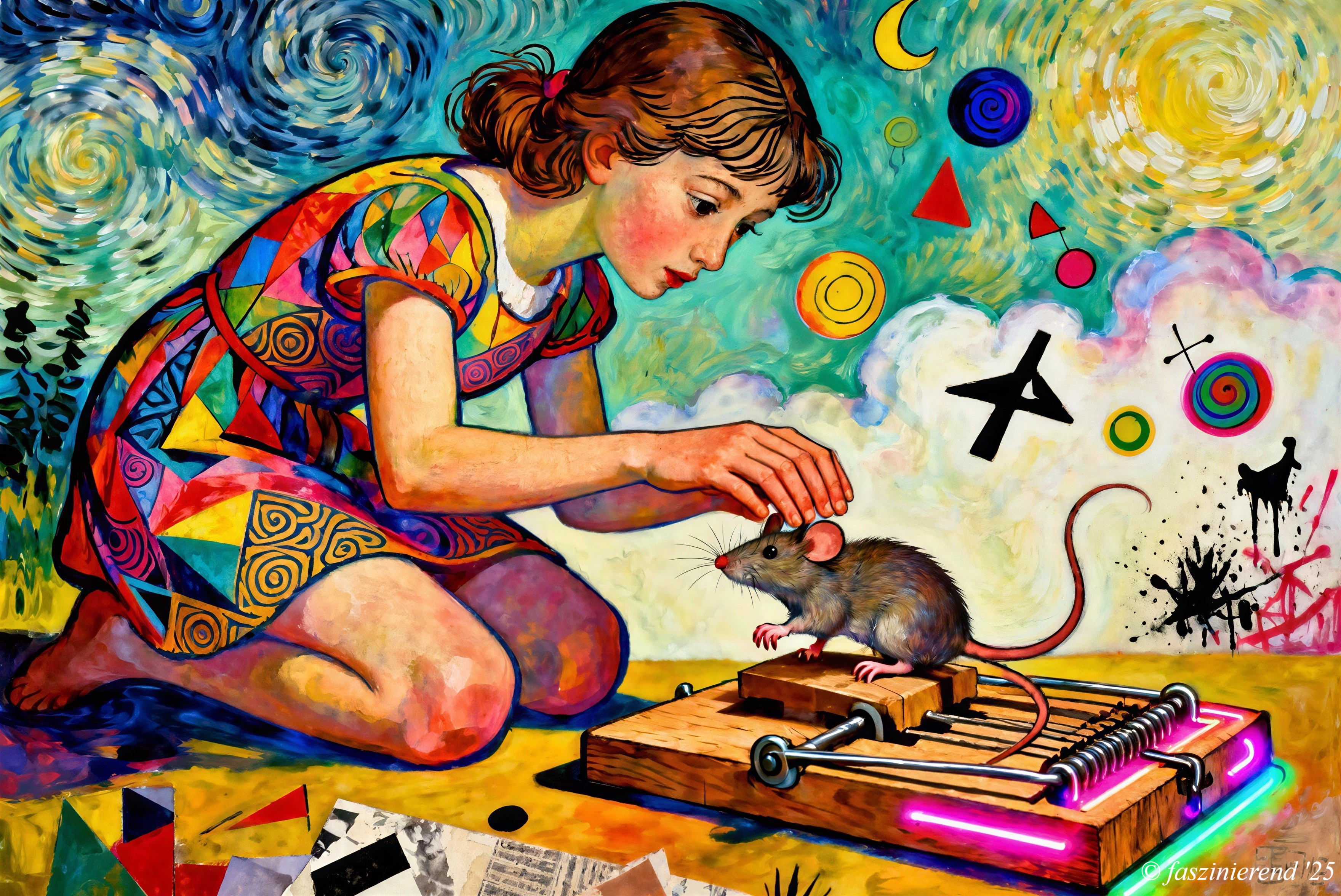 Young Girl with Rat in Colorful Geometric Dress Painting