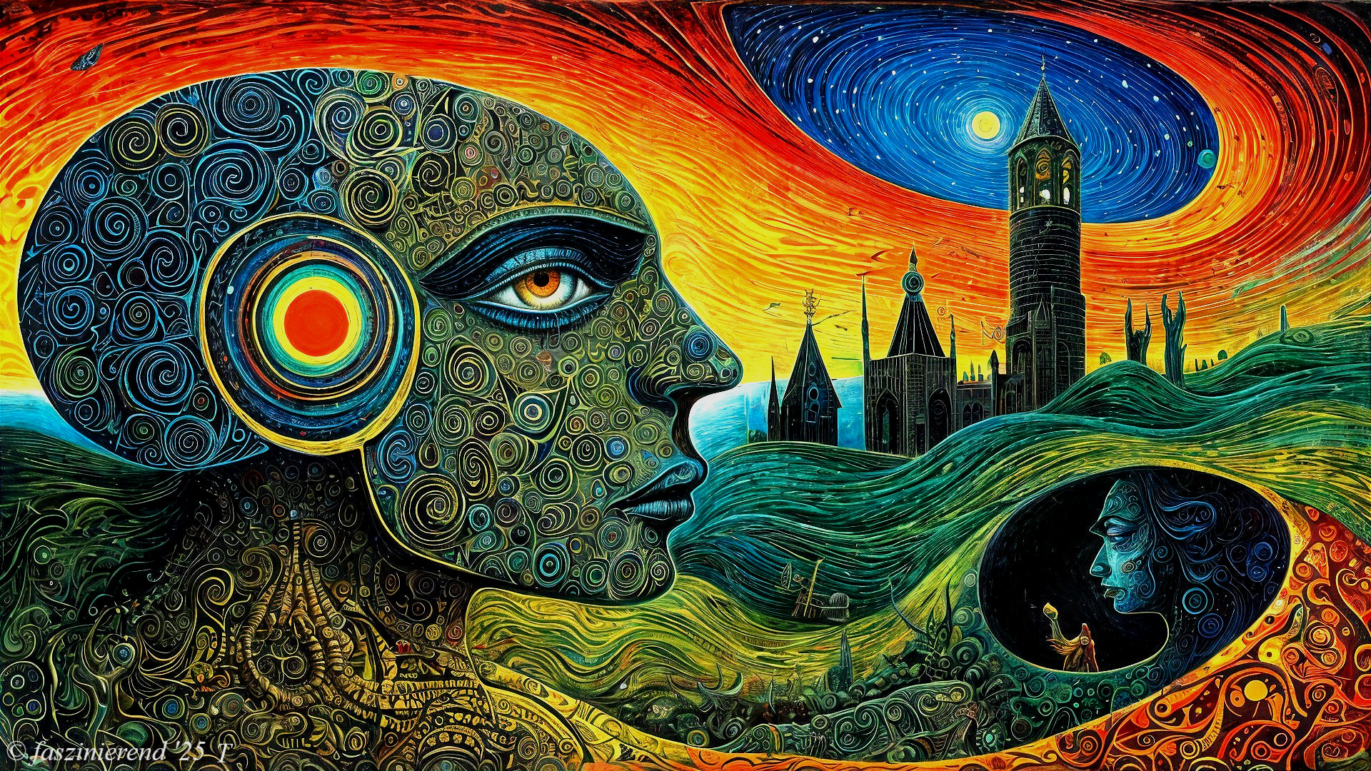 Surreal Landscape with Vibrant Colors and Mystical City
