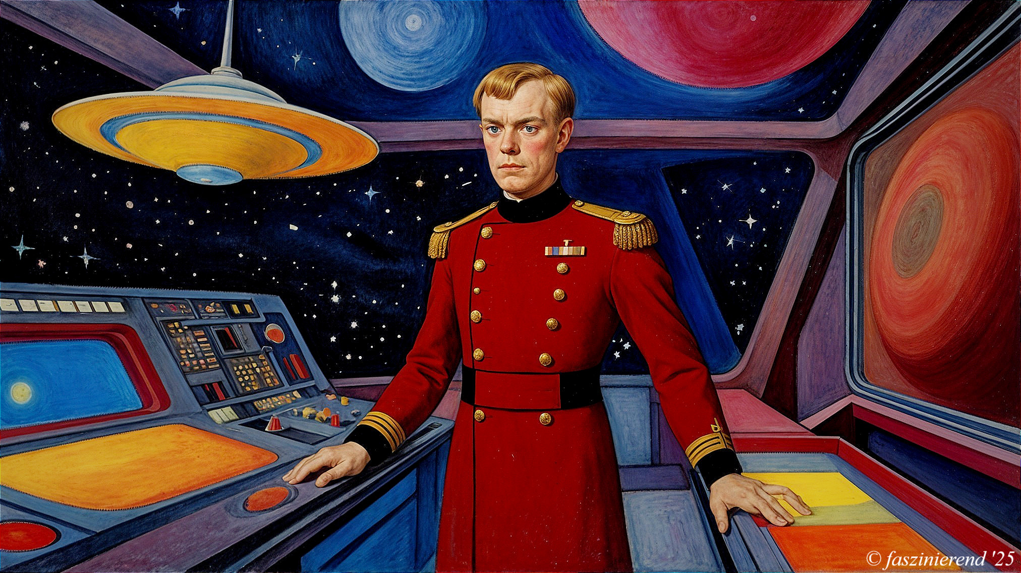 Captain in Red Uniform in Futuristic Spacecraft Control Room