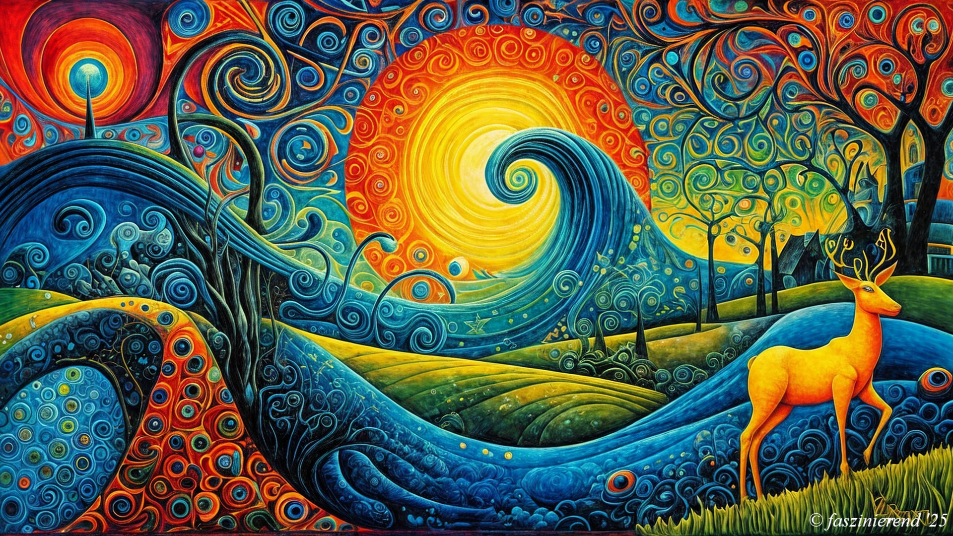 Vibrant Landscape with Golden Deer and Colorful Waves
