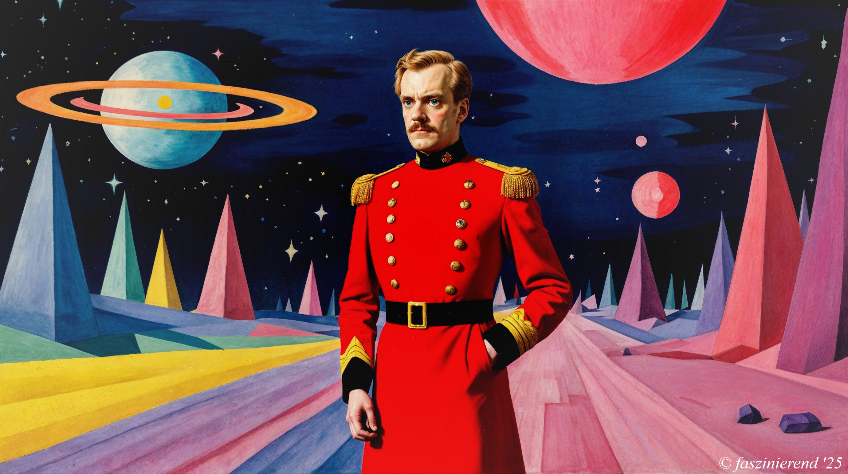 Military Uniform Against Vibrant Cosmic Background