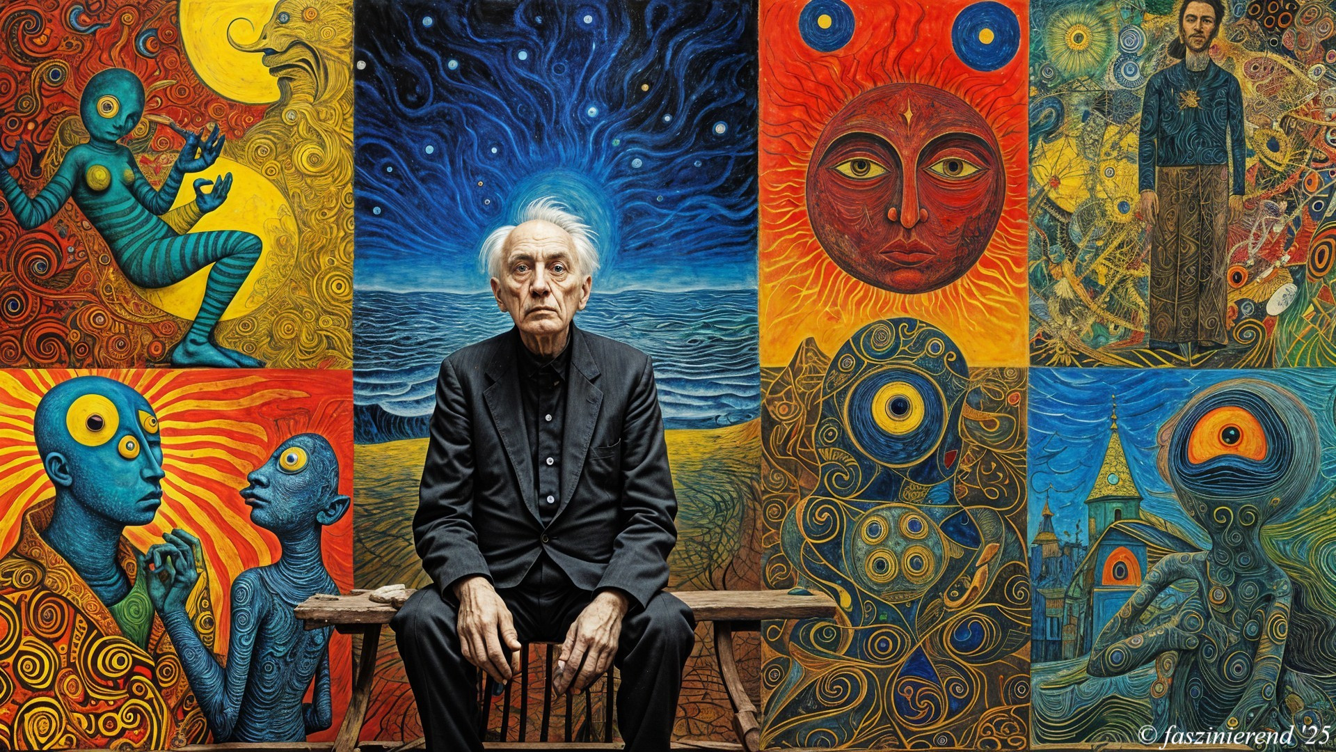 Elderly Man on Bench Amid Surrealist Artwork