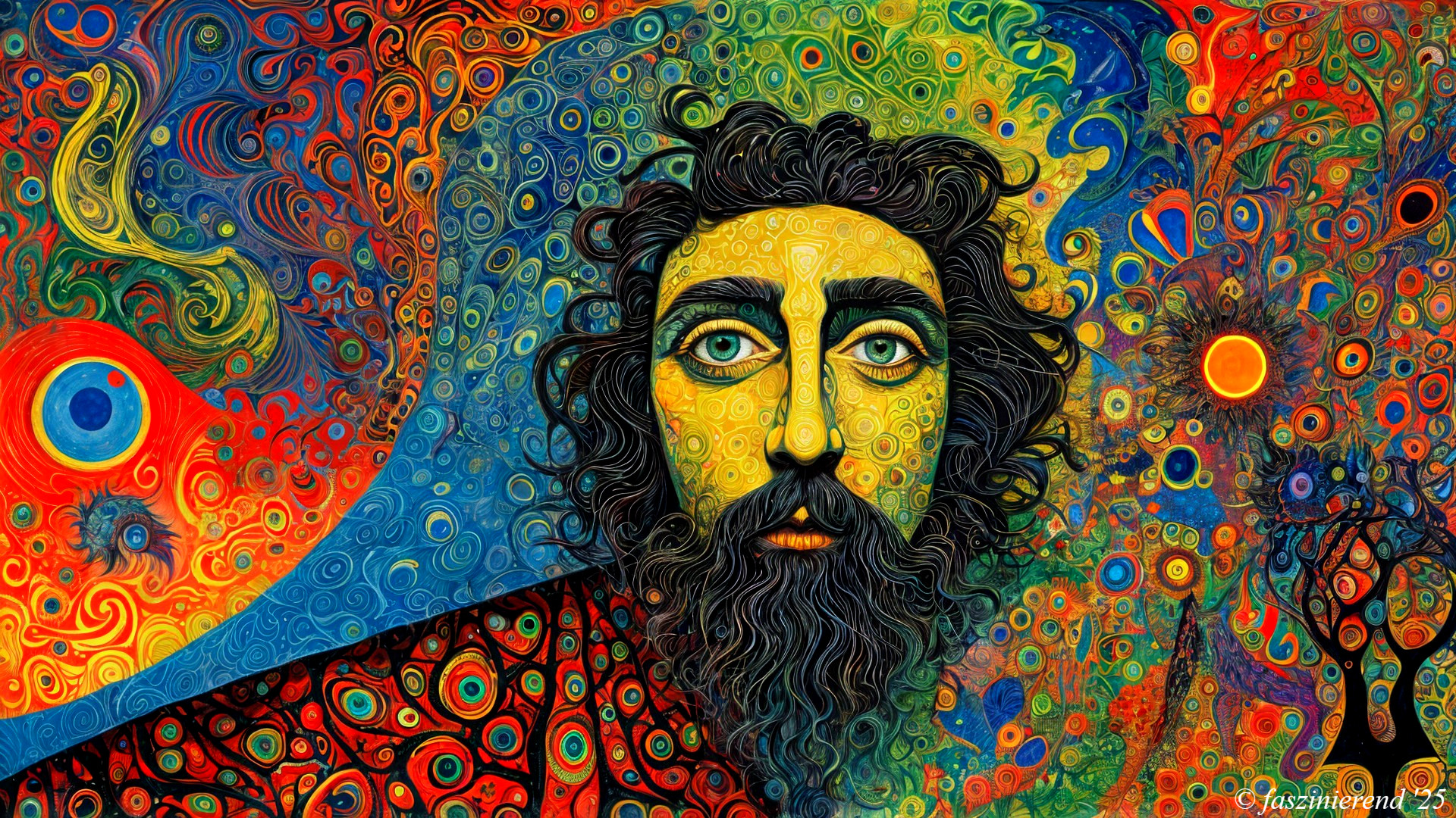 Vibrant Portrait of a Bearded Man with Green Eyes