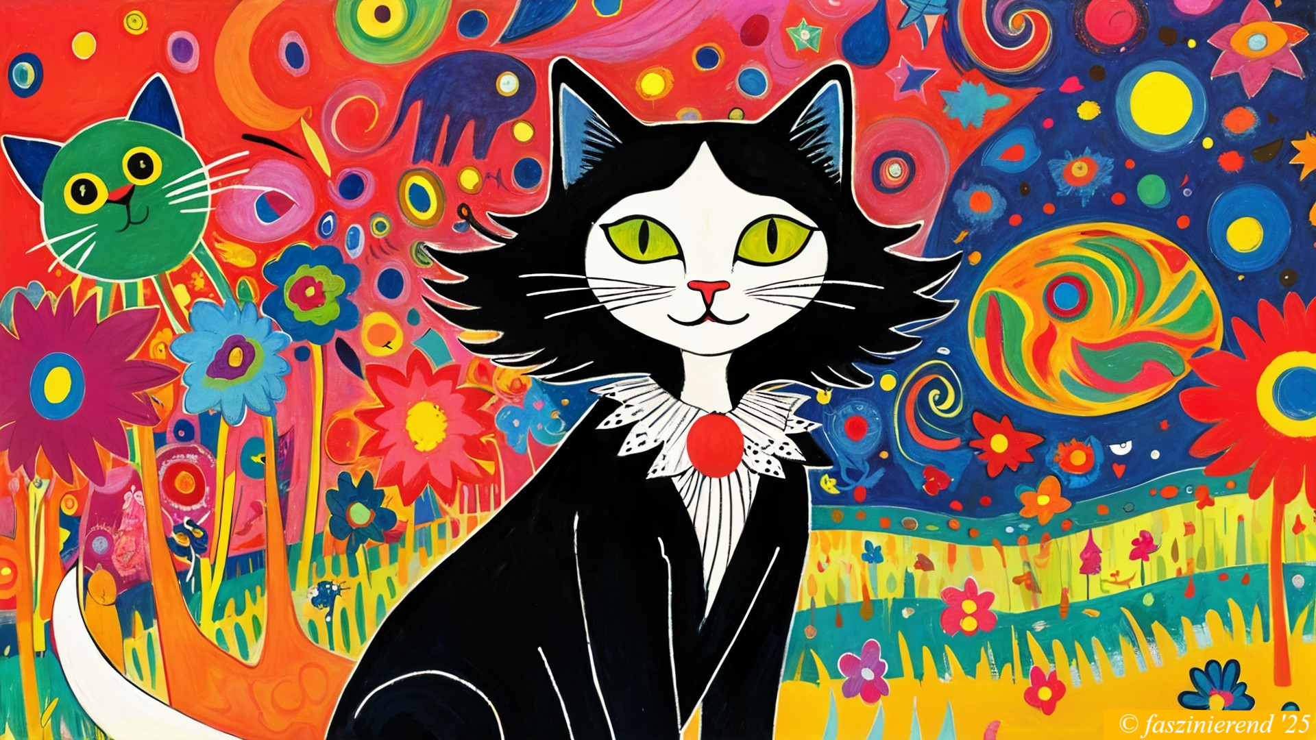 Whimsical Illustration of Cats with Colorful Background