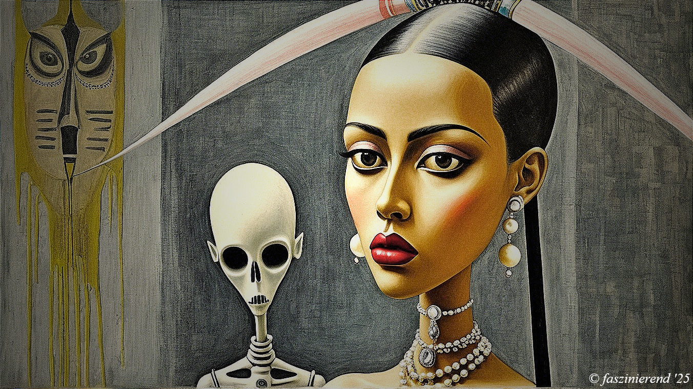 Striking Woman with Skeleton and Abstract Figure Artwork