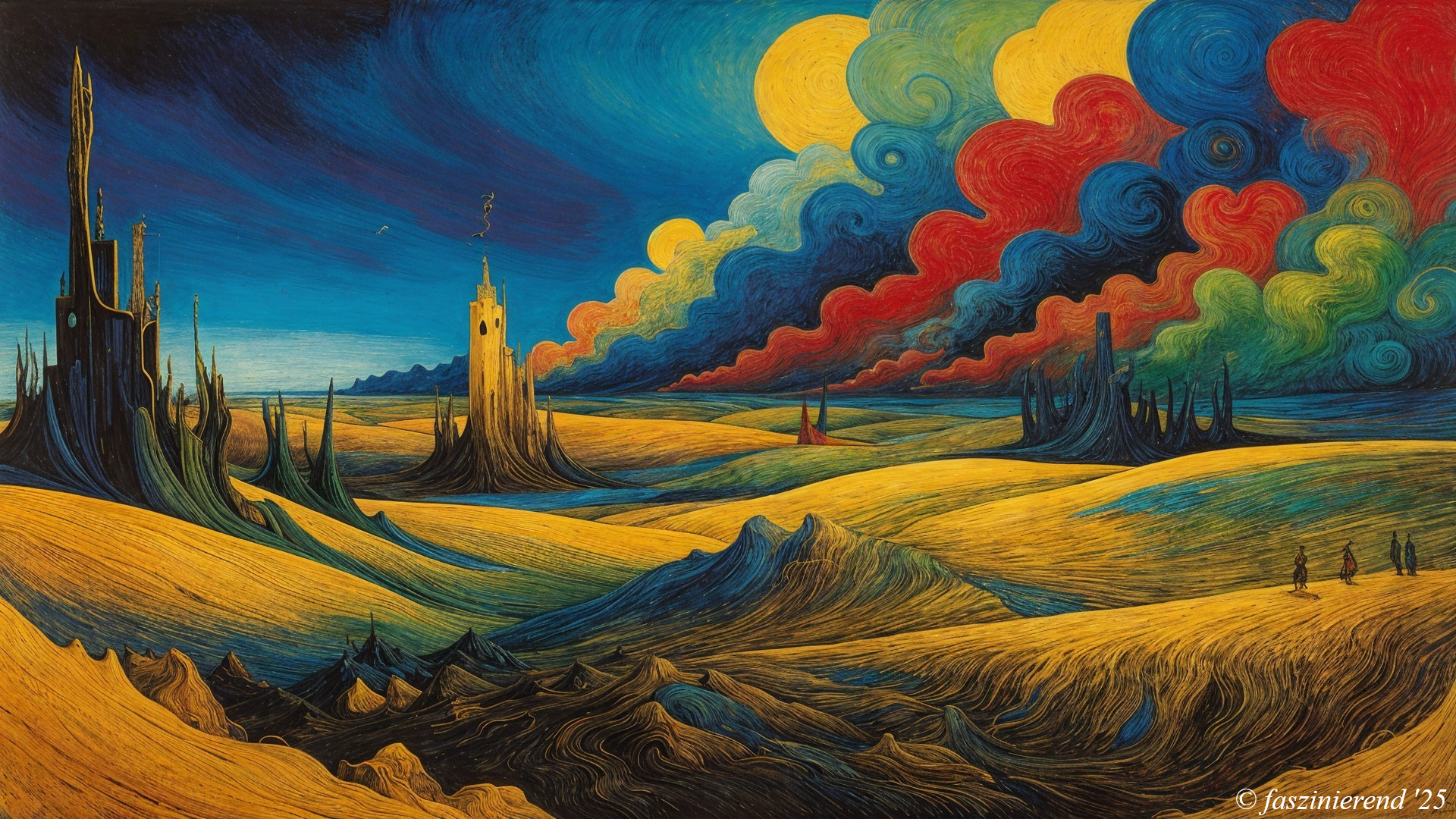 Surreal Landscape with Colorful Clouds and Spires