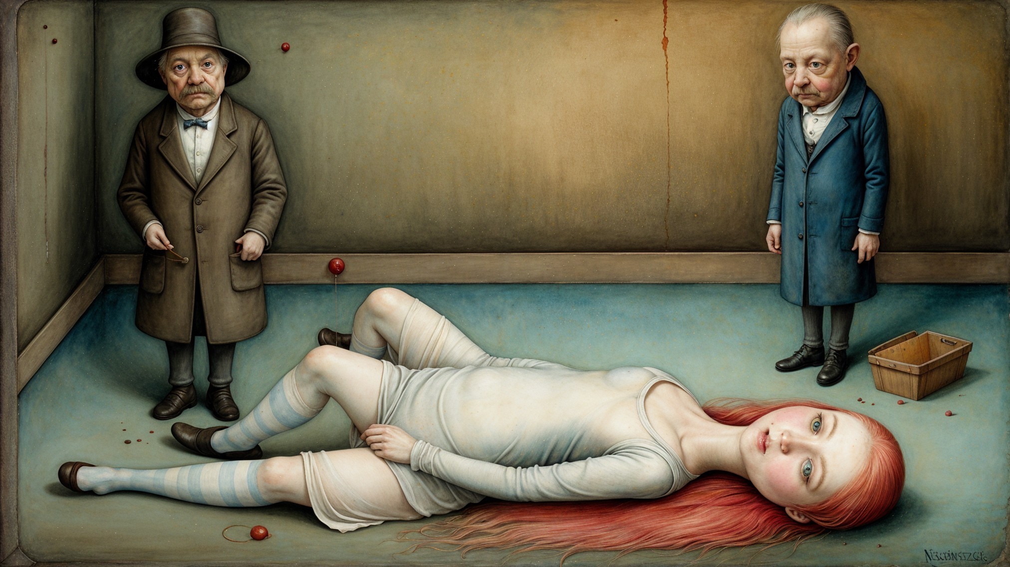 Surreal Artwork Featuring Two Men and a Lifeless Girl