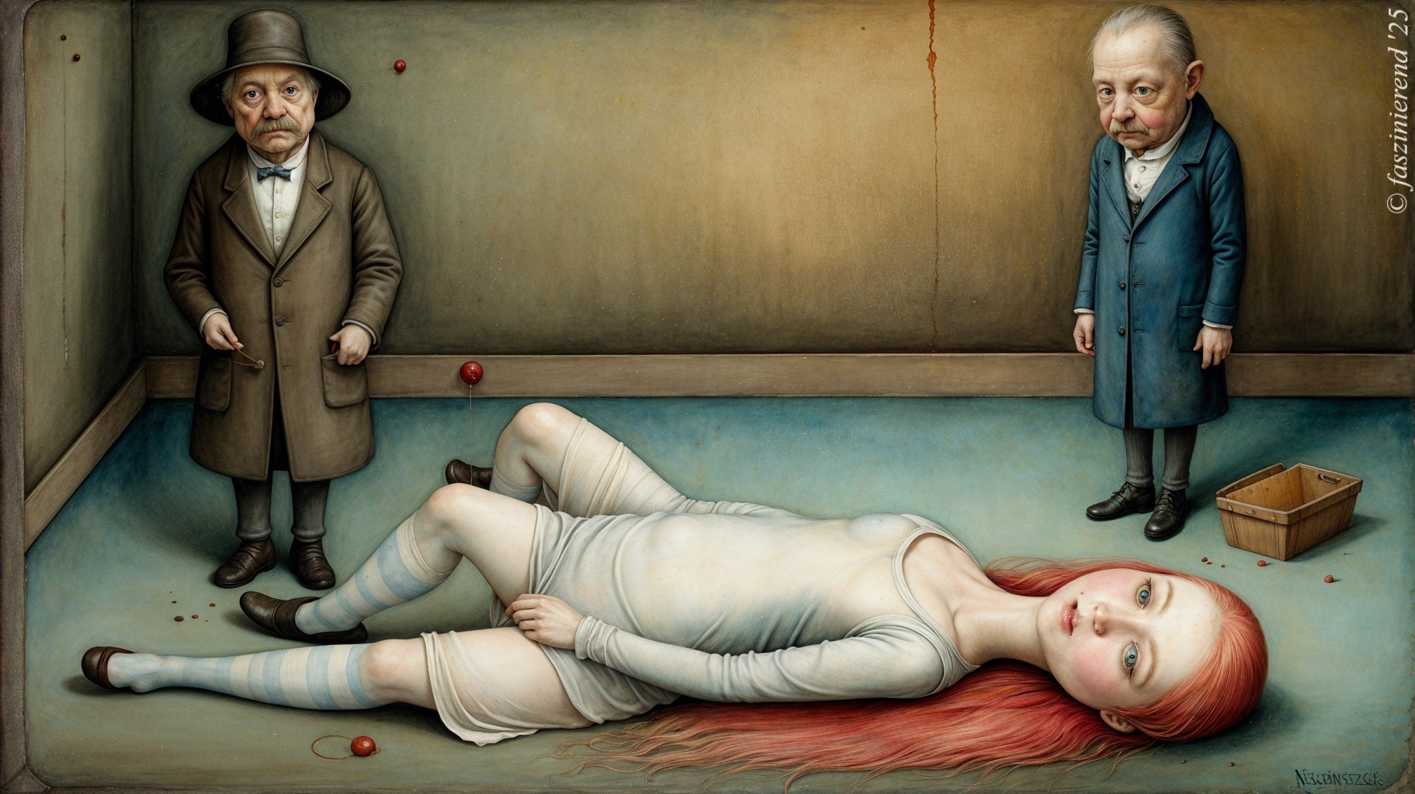Surreal Artwork Featuring Two Men and a Lifeless Girl