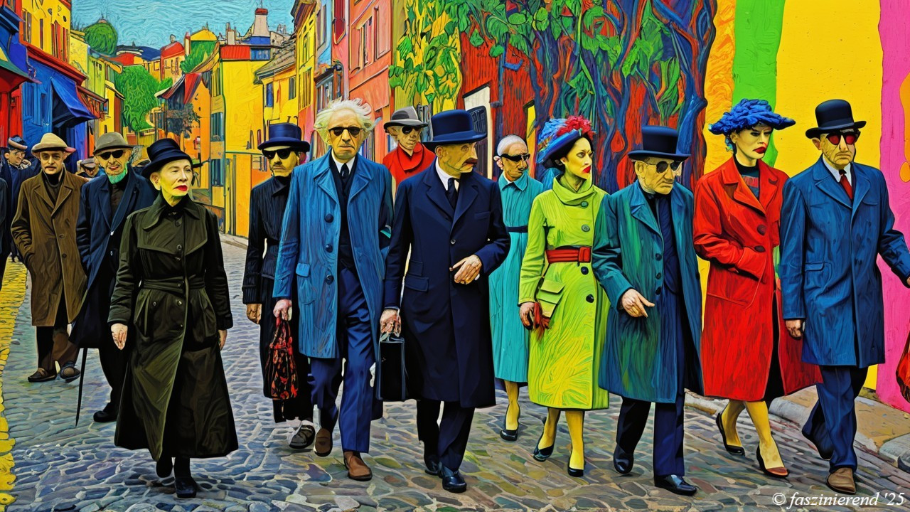 Stylish Individuals in a Colorful Street Scene