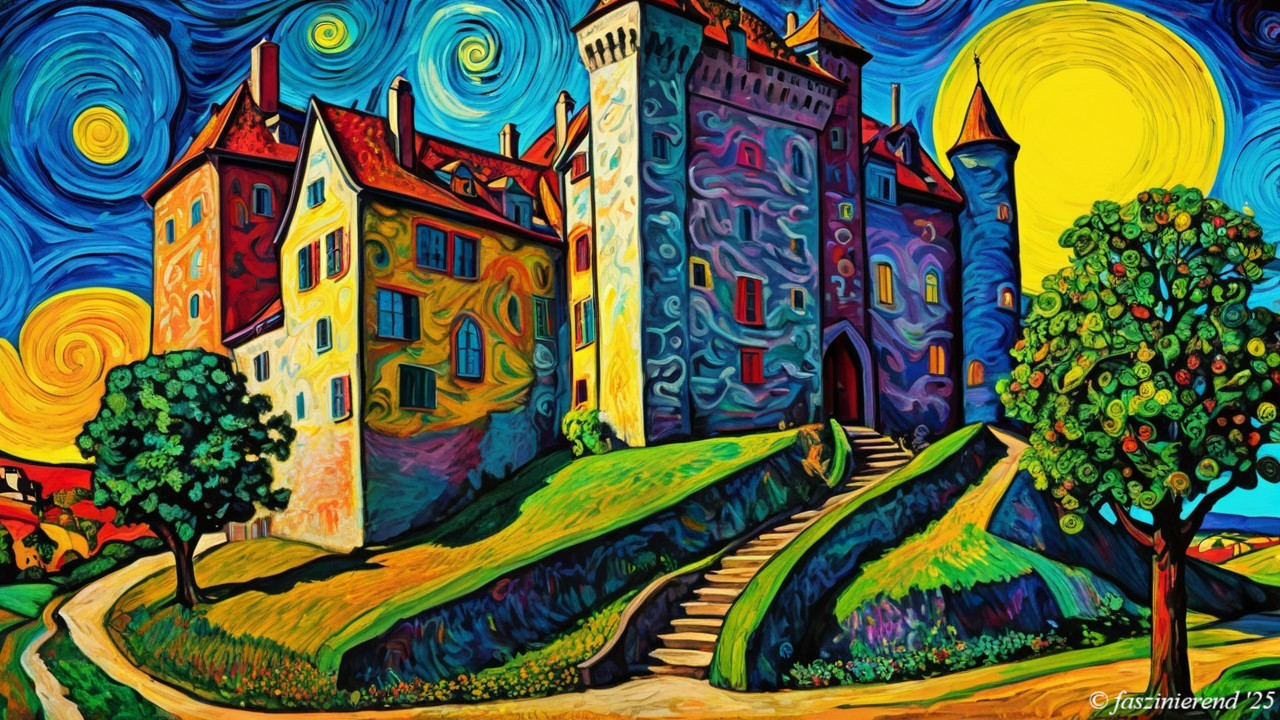 Vibrant Castle on a Green Hill with Colorful Details