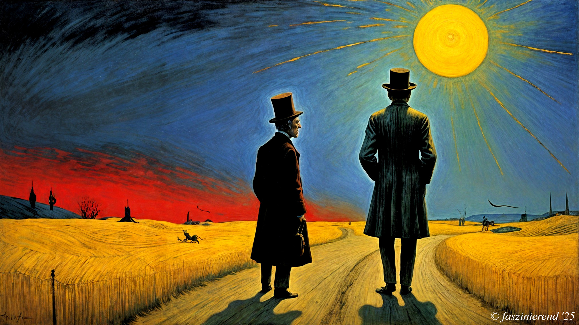 Figures in Top Hats Against Vibrant Sunset Landscape