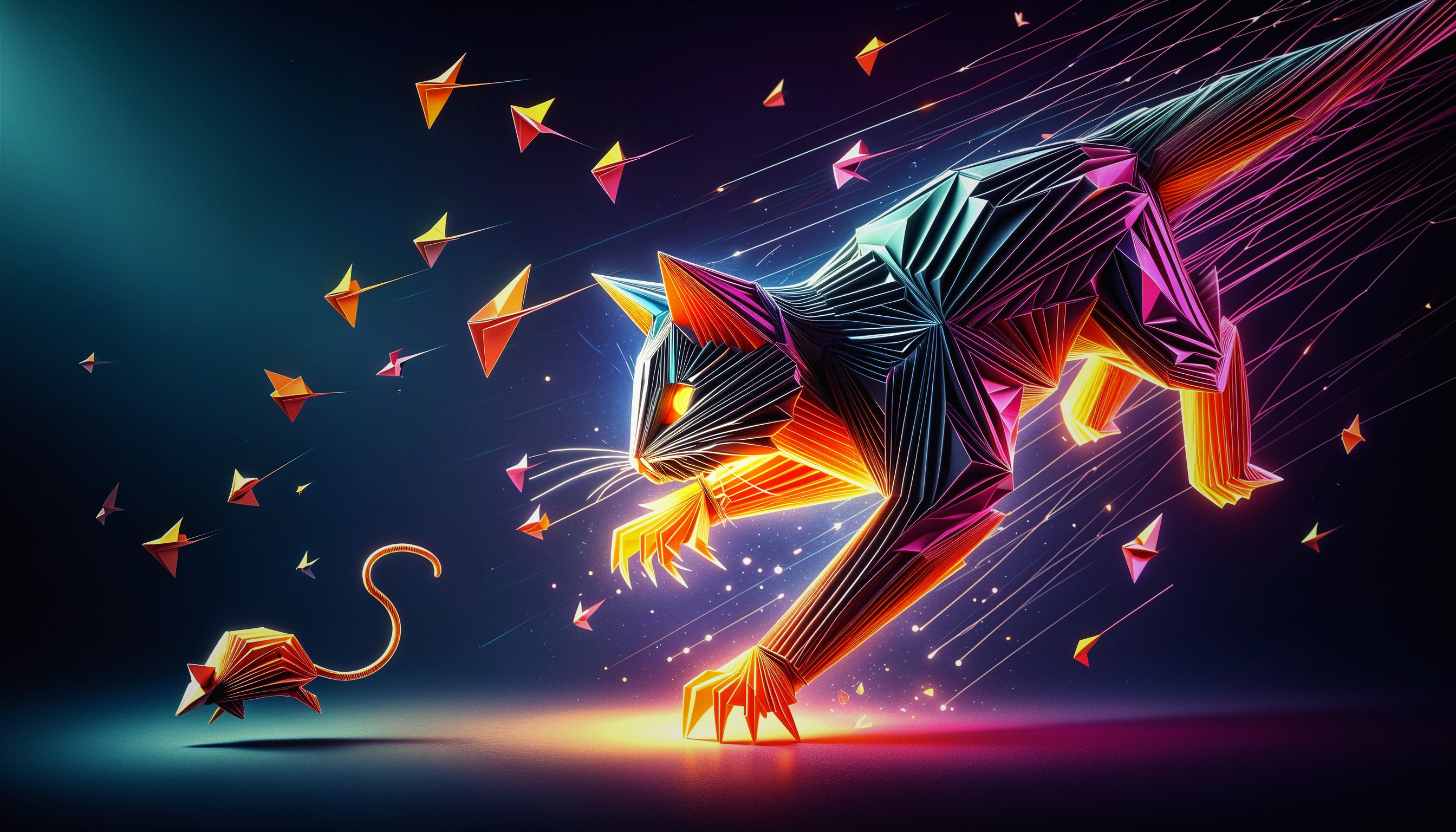 Low-Poly Illustration of a Black Cat and Mouse Scene