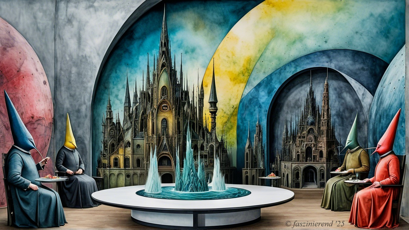Surreal Scene with Hooded Figures and Abstract Architecture