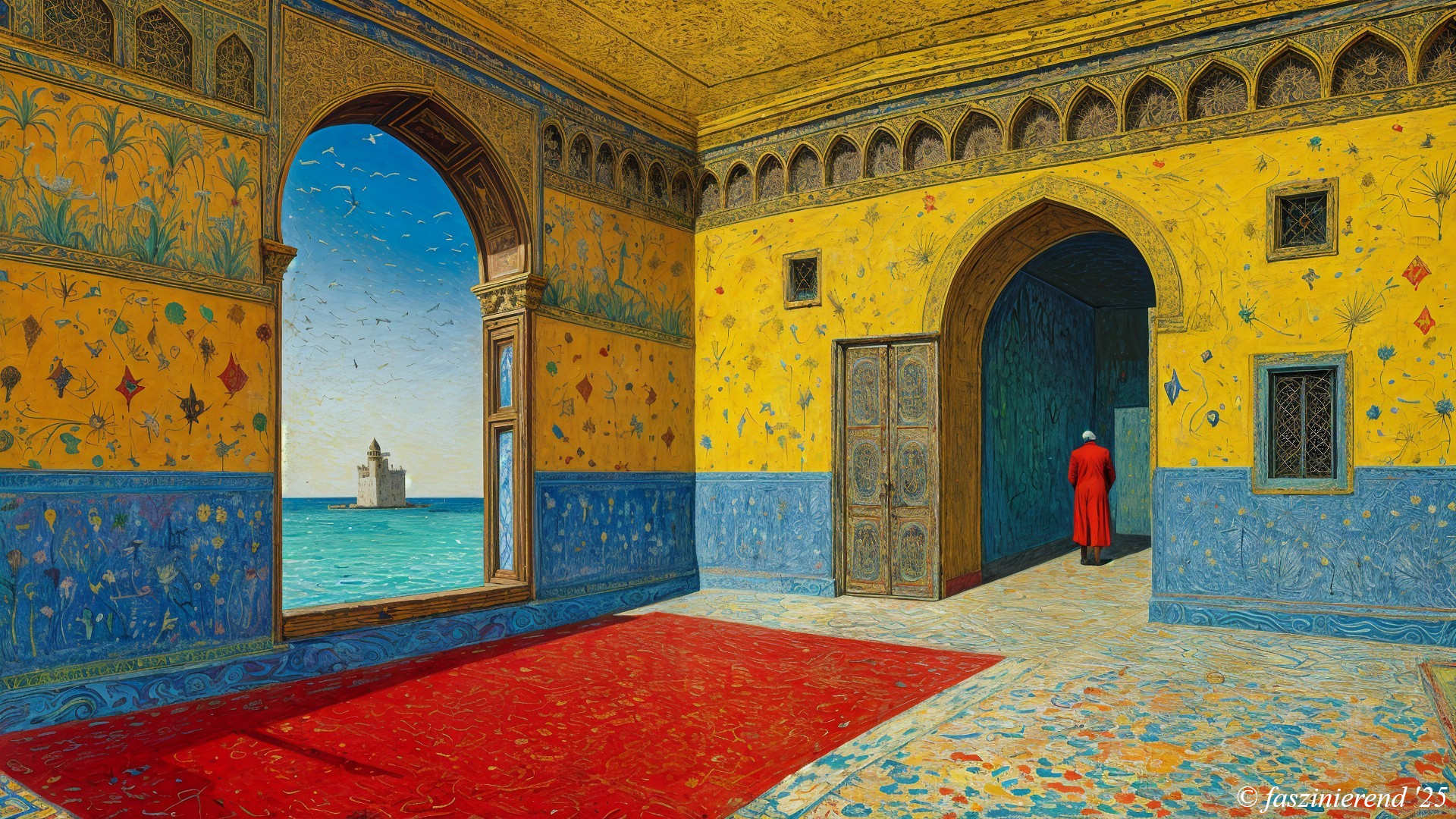 Vibrant Room with Blue and Yellow Patterns and Seascape