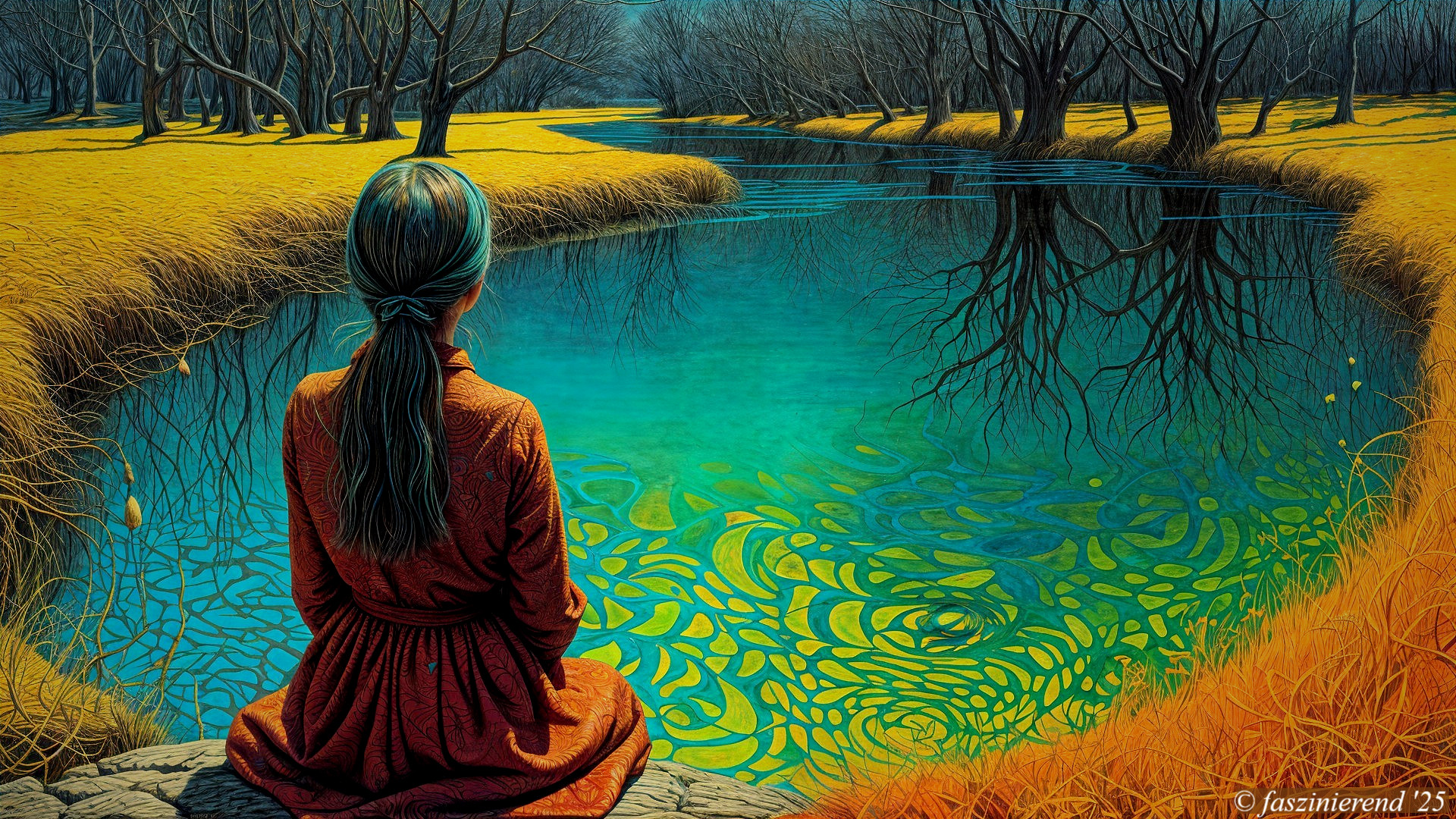 Young Girl by Tranquil River in Serene Landscape