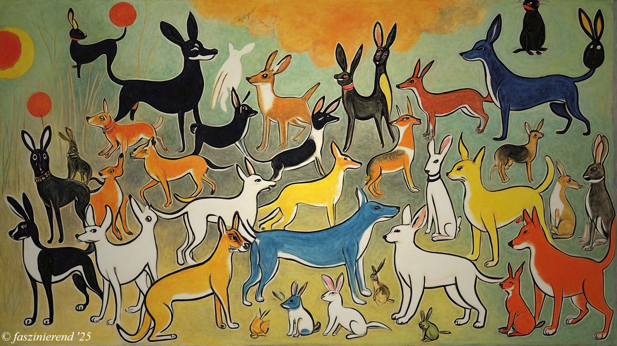 Vibrant Stylized Animals in Whimsical Landscape