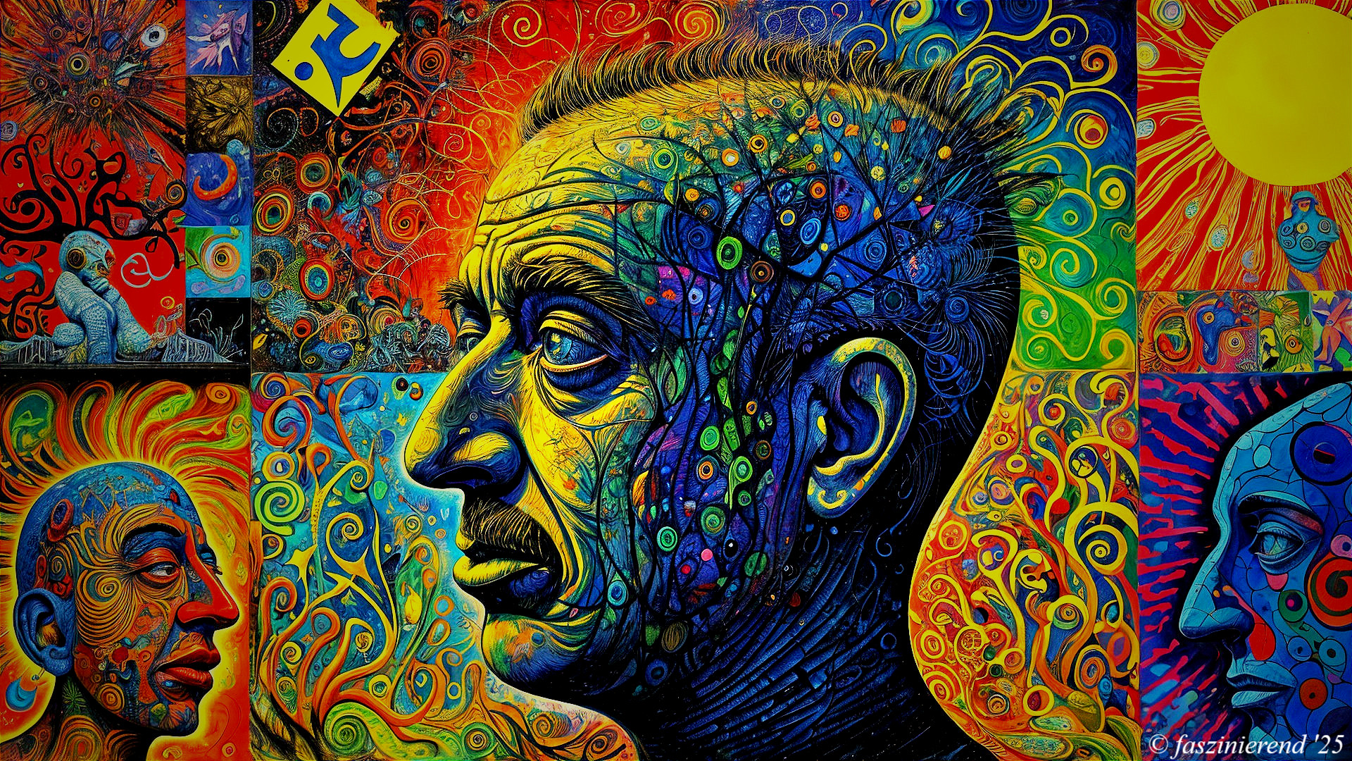 Colorful Mural with Stylized Portraits and Patterns