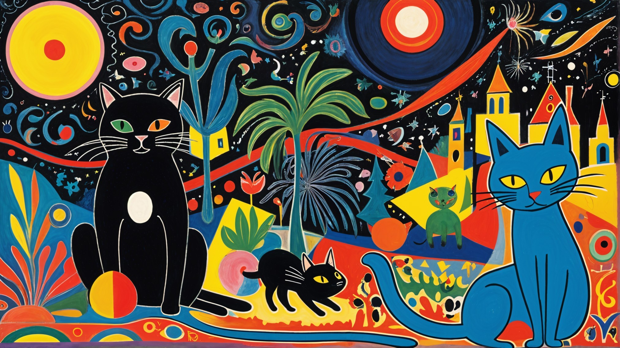 Vibrant Artwork of Three Colorful Cats in a Starry Scene