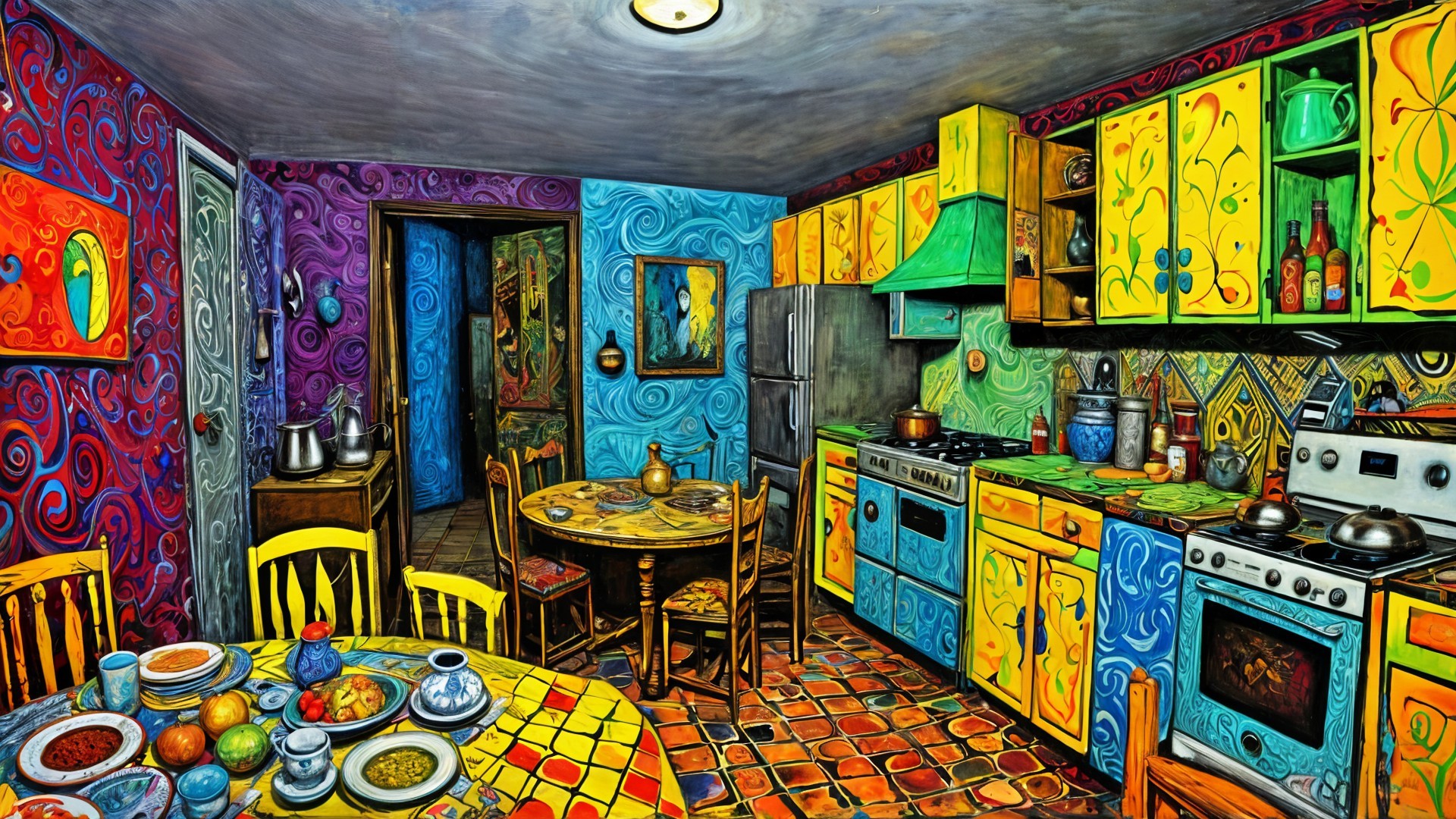 Vibrant Eclectic Kitchen with Colorful Decor and Furniture