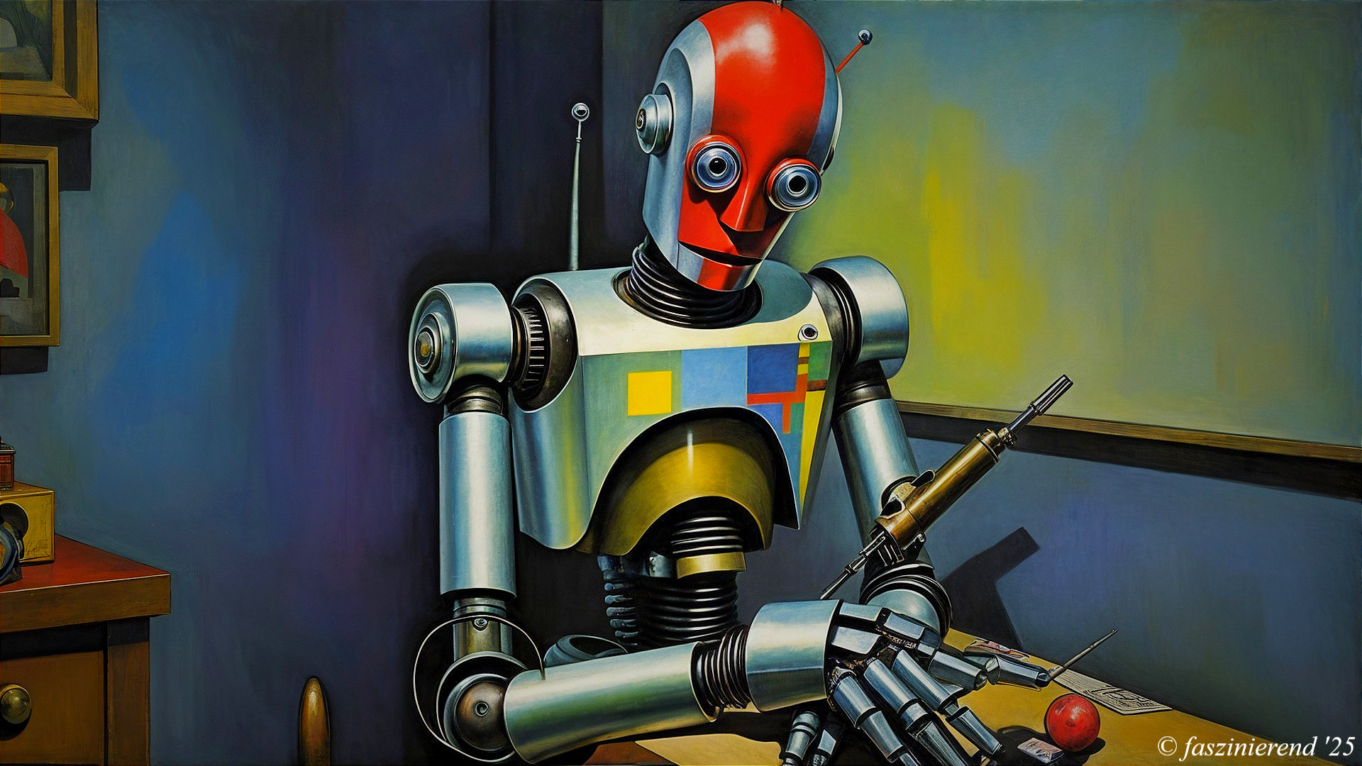 Stylized Robot at Table in Modern Nostalgic Setting