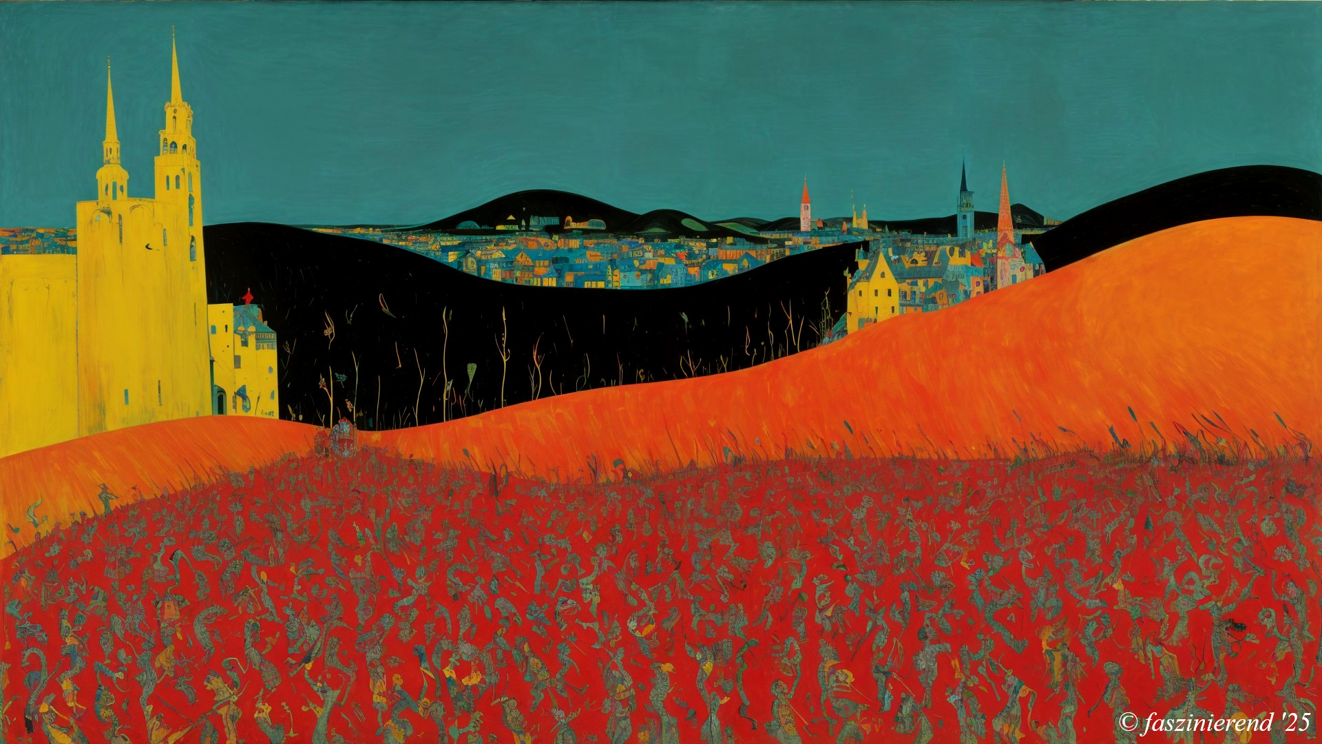 Vibrant Landscape with Orange Hills and Cityscape
