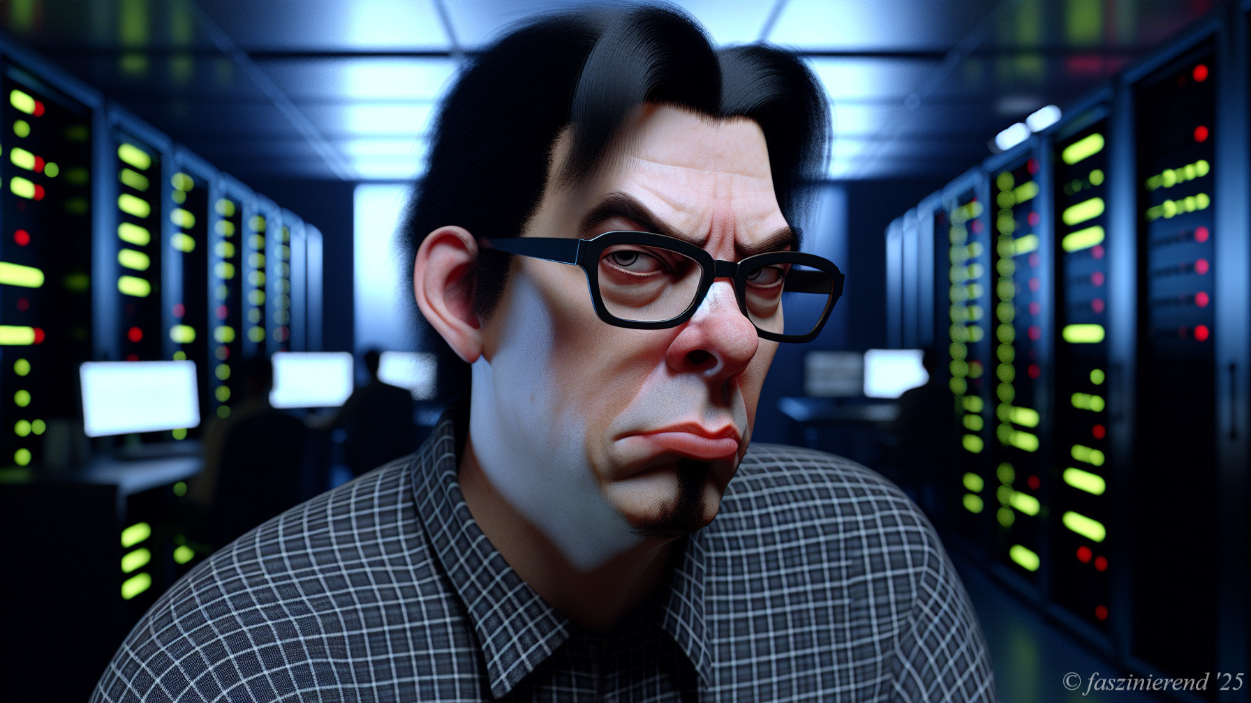 Stylized Character in Server Room with Colorful Lights