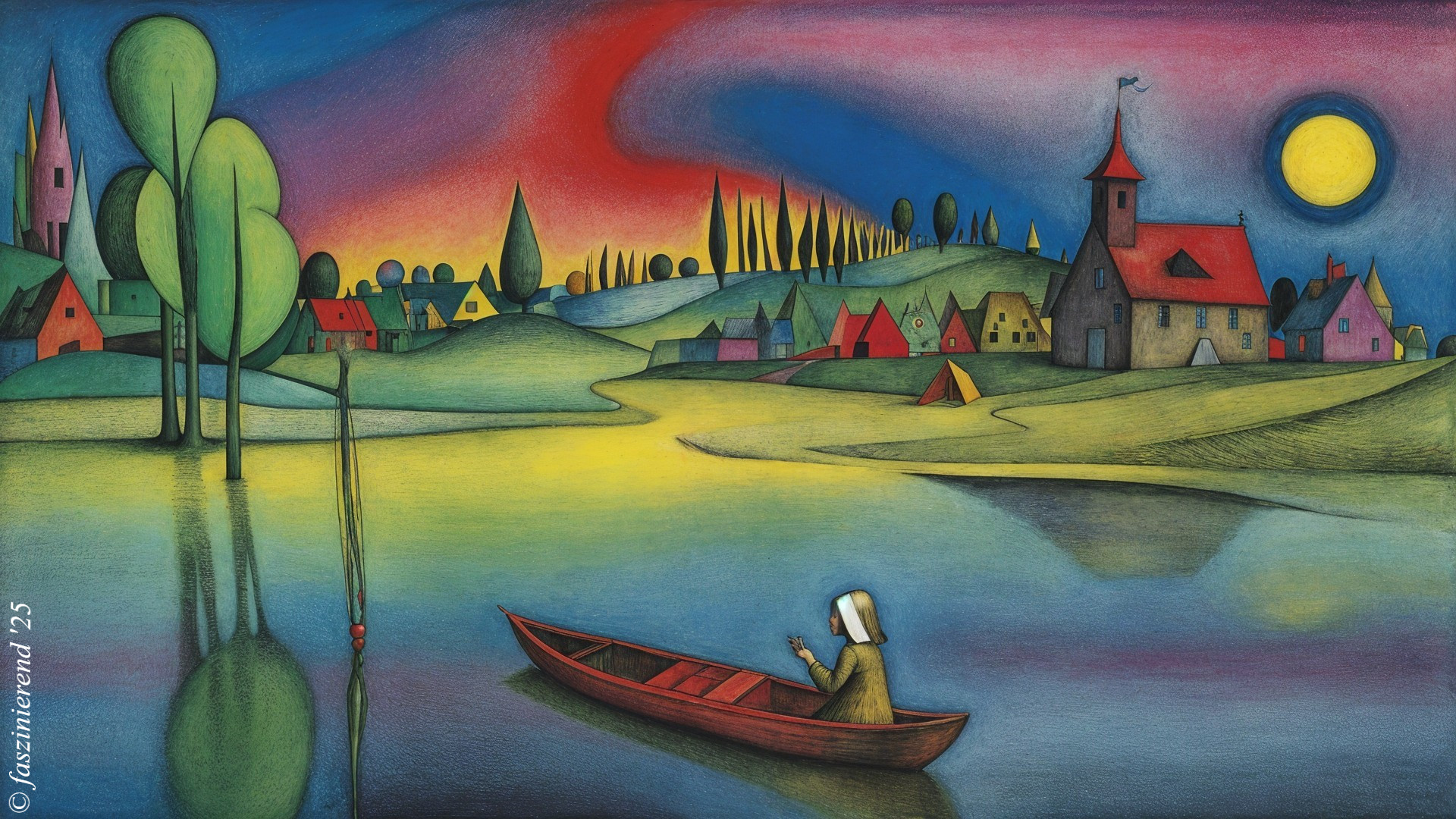 Serene Lake Landscape with Vibrant Reflections and Village