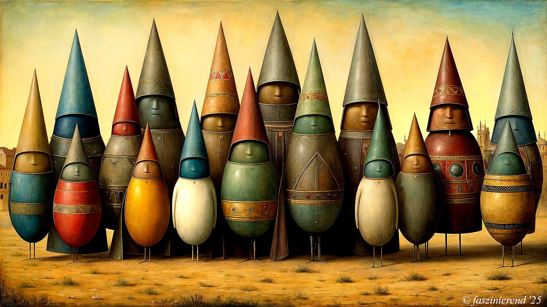 Whimsical Figures in Colorful Hats in Dusty Landscape