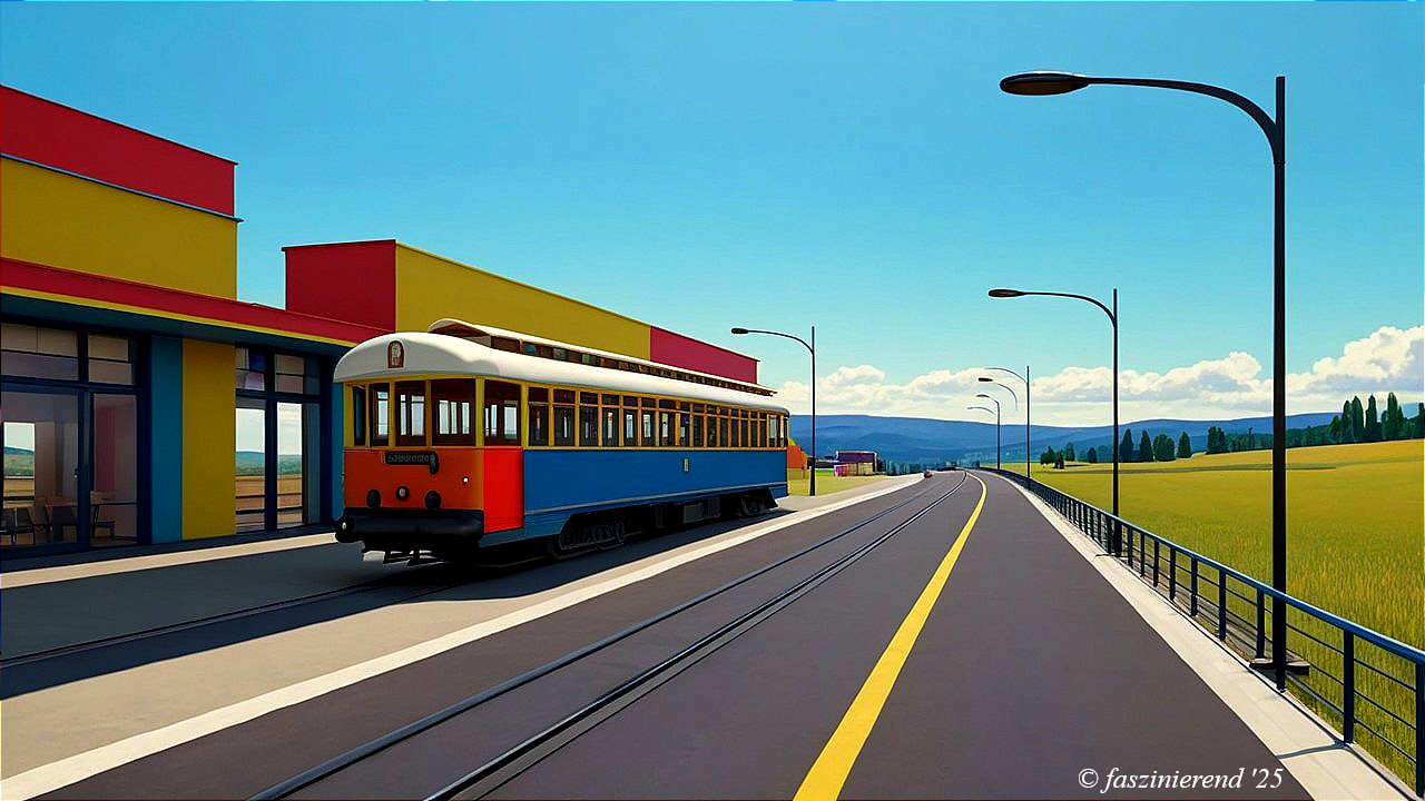Vintage Train at Colorful Station with Scenic Background
