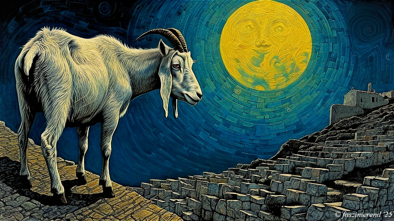 Surreal Landscape with Goat and Bright Yellow Moon