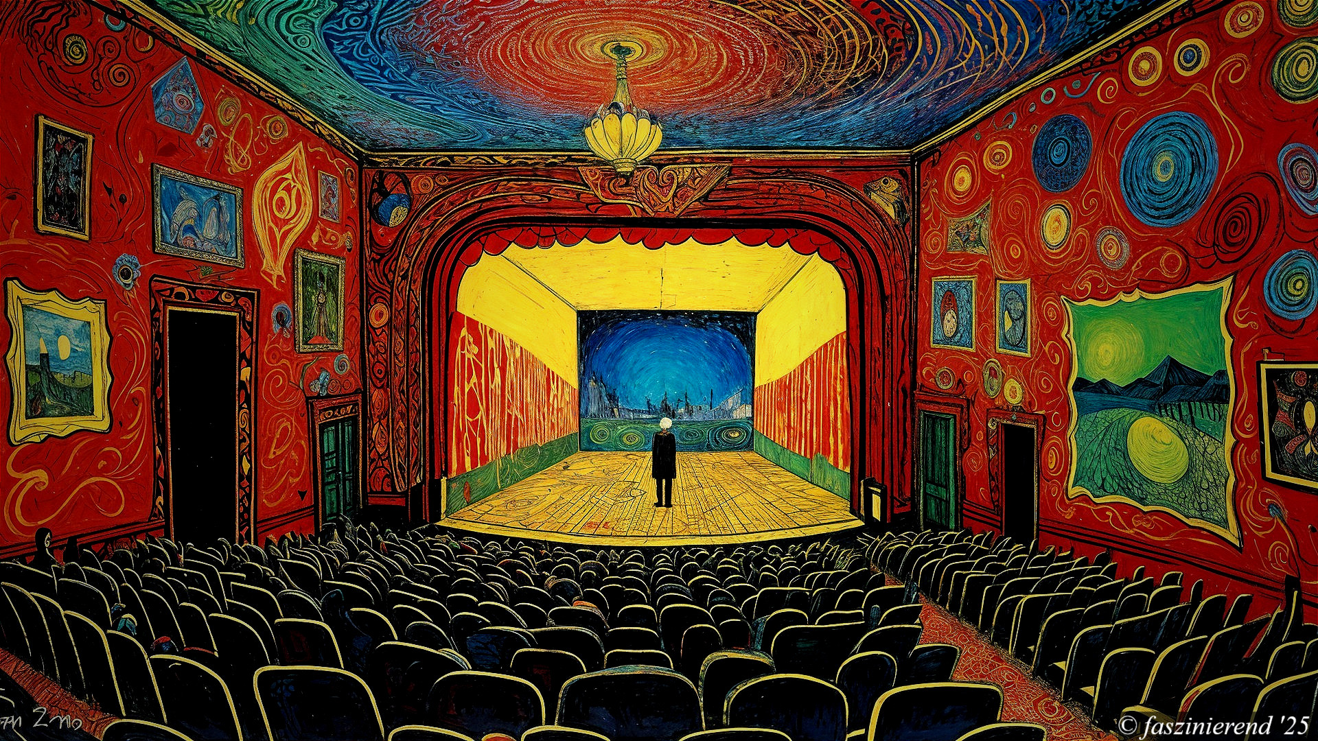 Vibrant Theater Interior with Colorful Artwork and Stage