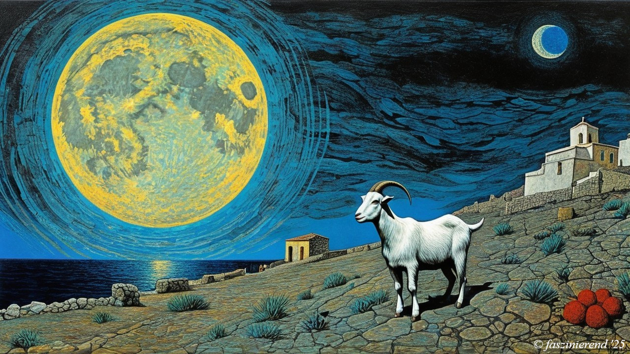 Surreal Landscape with Moon and Goat by the Sea