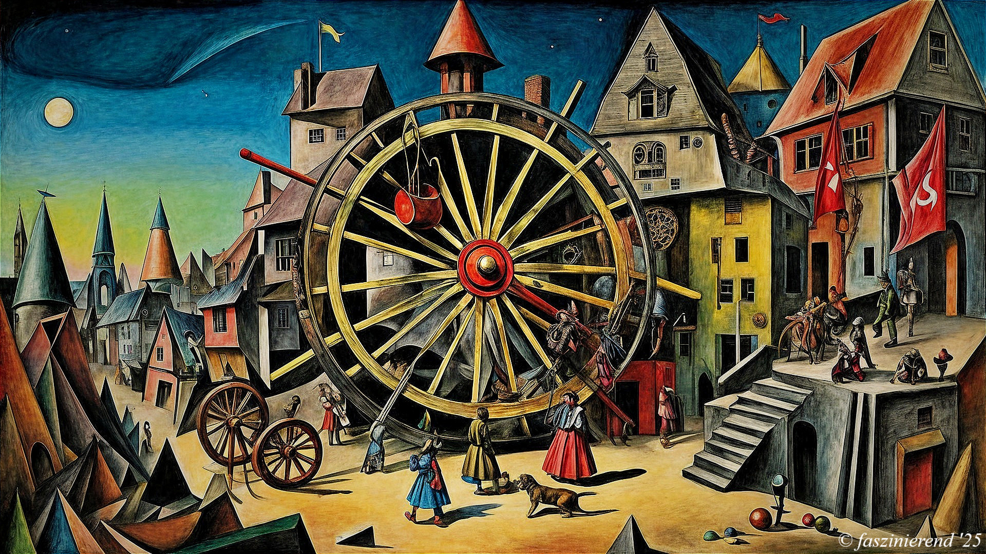 Surreal Artwork with Vibrant Architecture and Characters