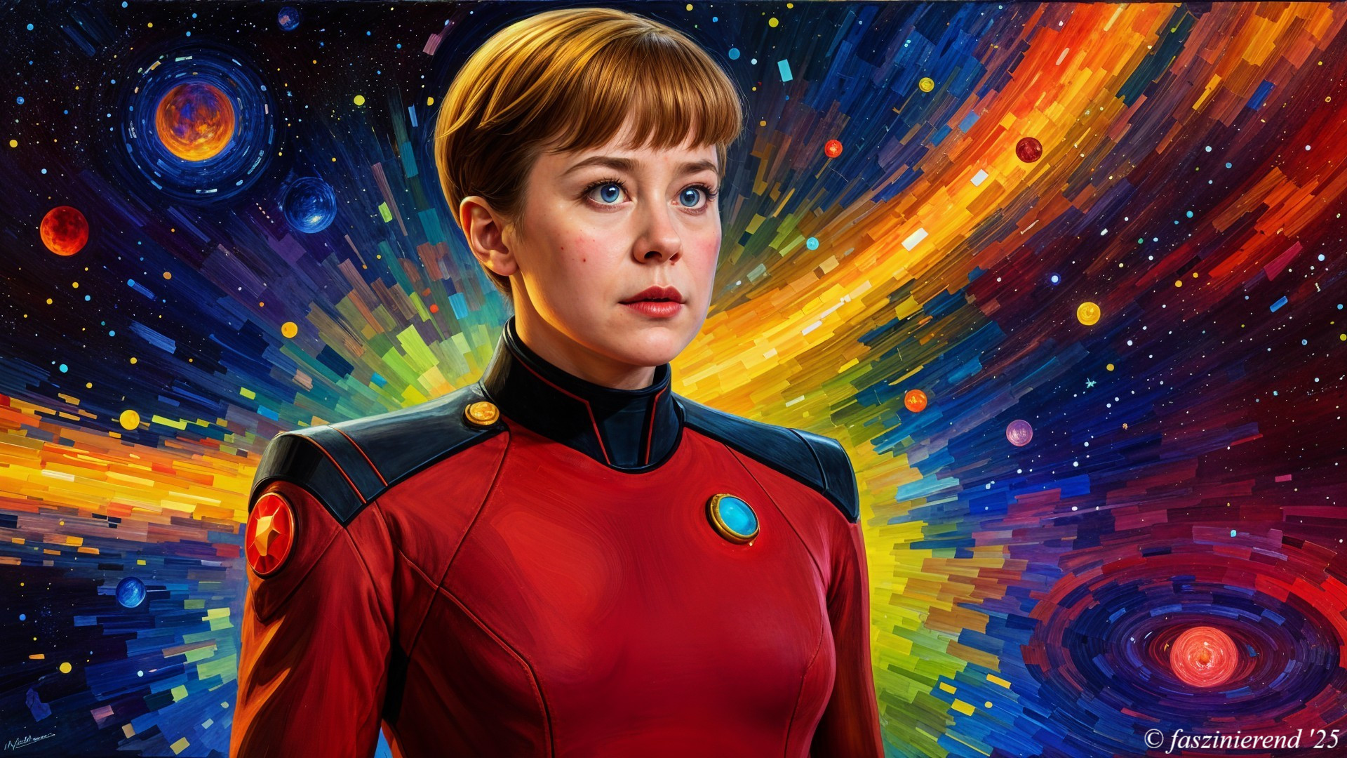 Young woman in red uniform against cosmic backdrop