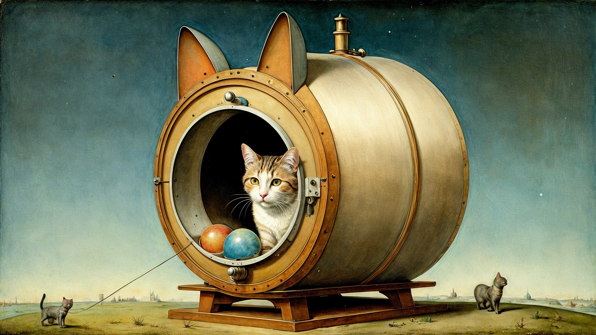 Whimsical Cat Scene with Colorful Balls and Kittens