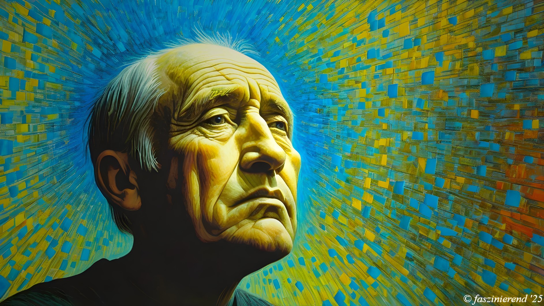 Portrait of an older man against an abstract background