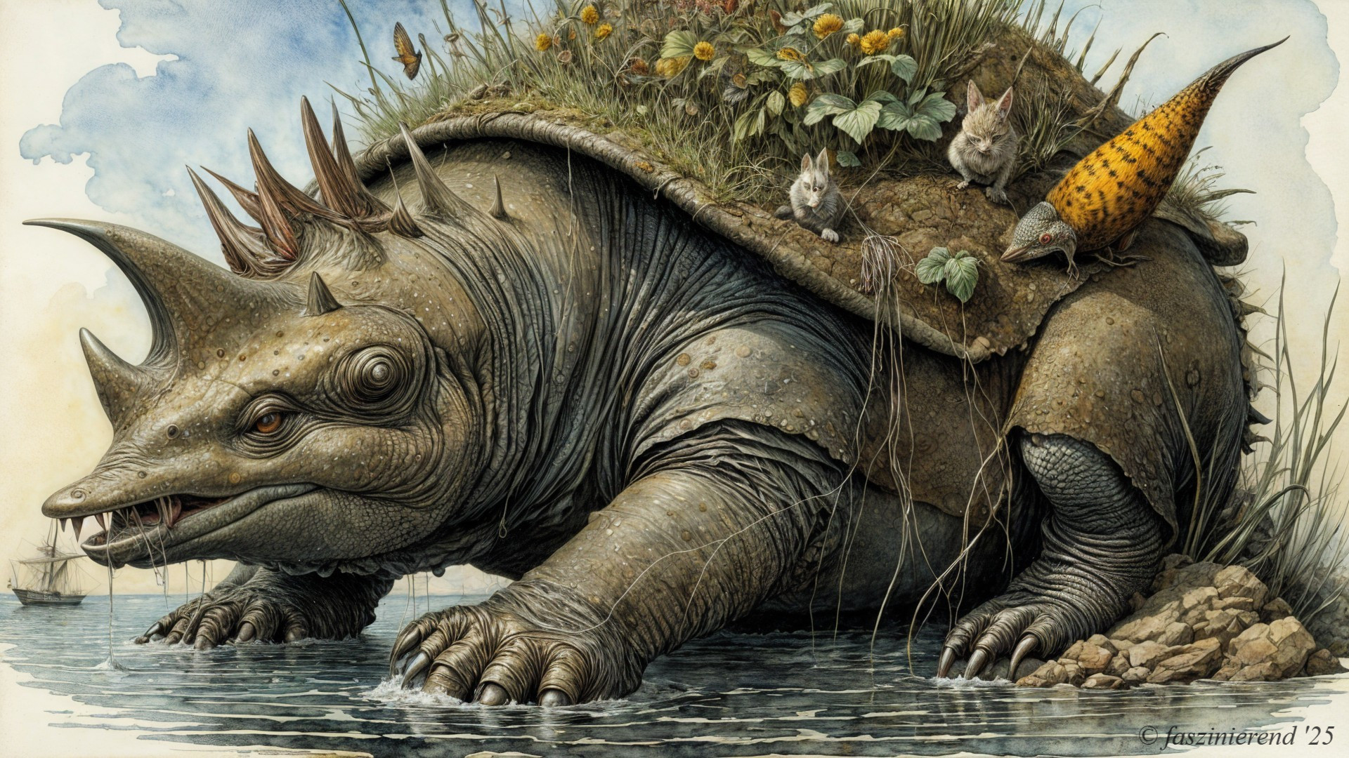 Colossal Tortoise Surrounded by Nature and Fantasy