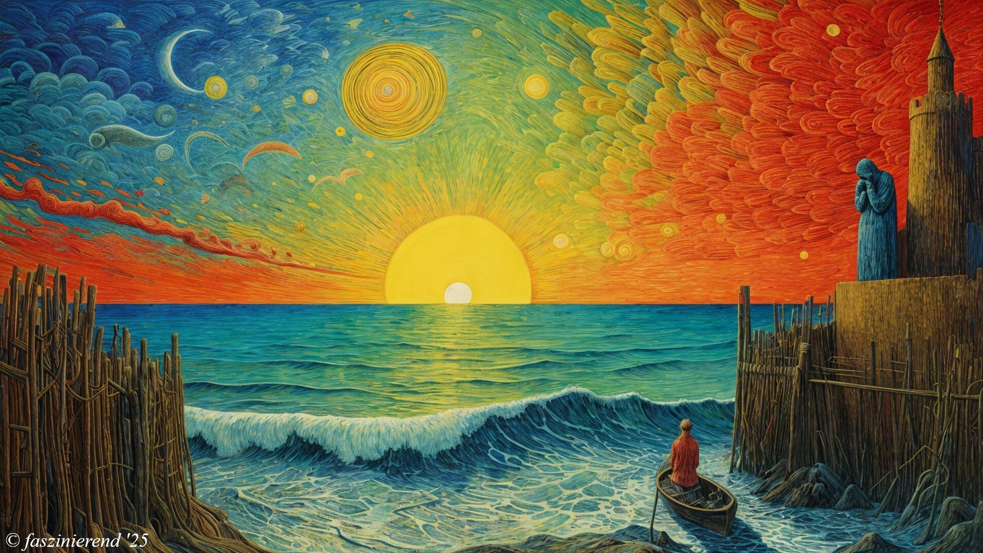 Surreal Landscape with Sunset and Celestial Elements
