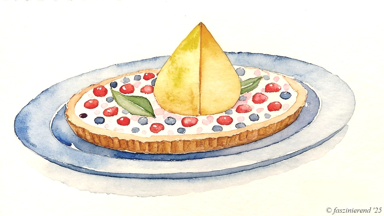 Illustrated Dessert Tart with Berries on Blue Plate