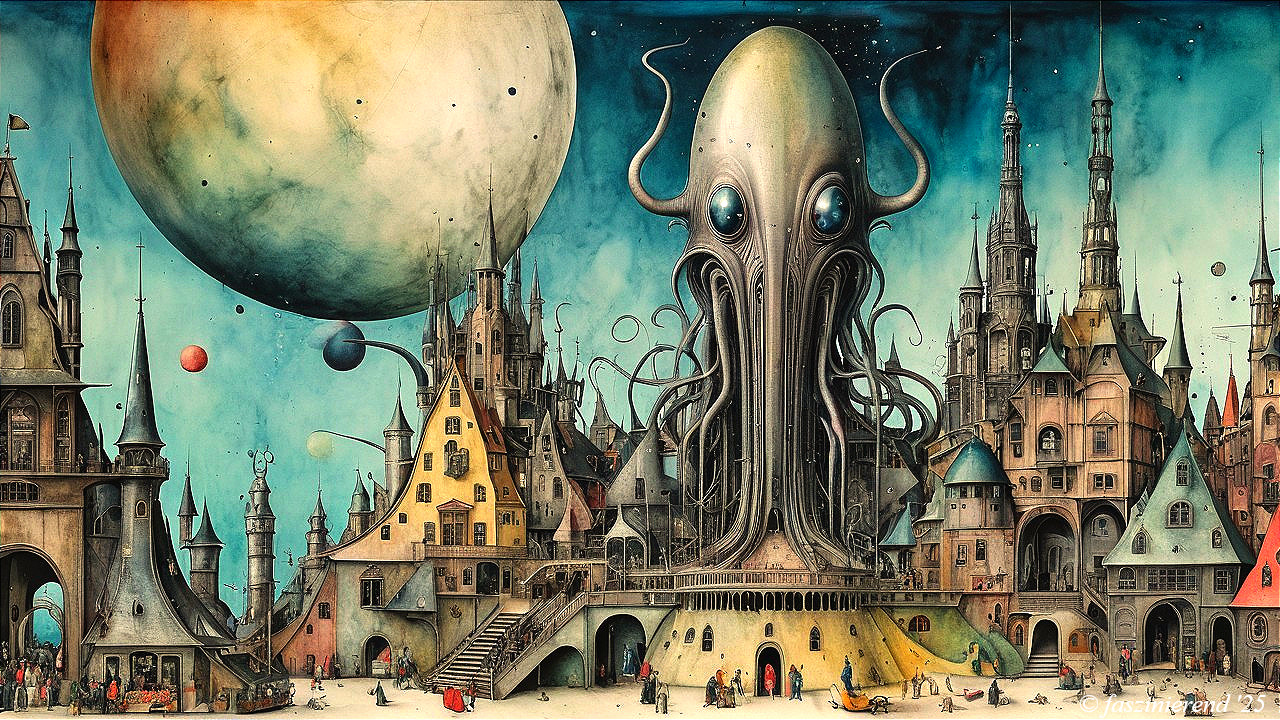 Surreal Cityscape with Tentacled Creature and Planets