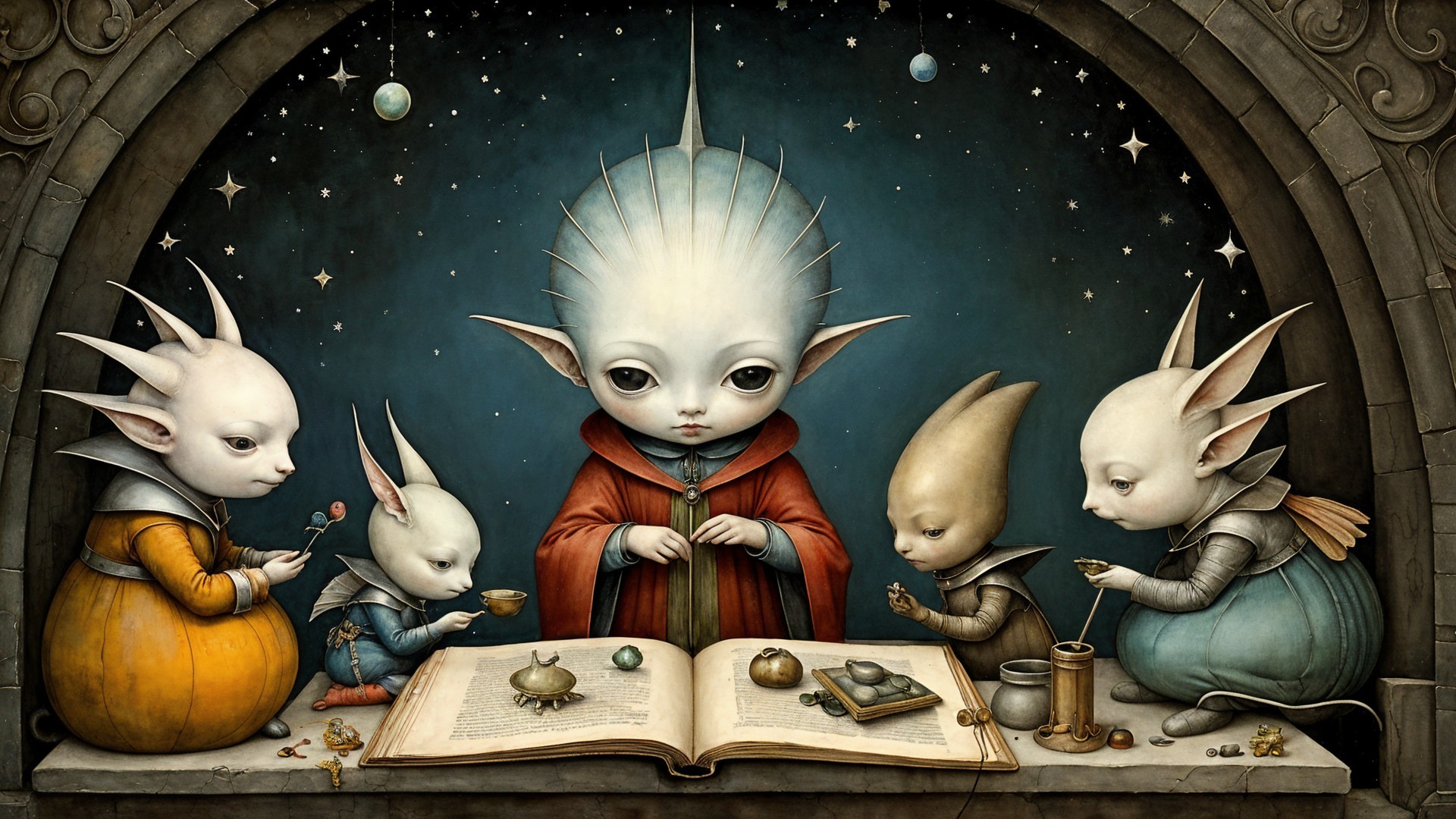 Whimsical Creatures Gather Around an Ancient Book