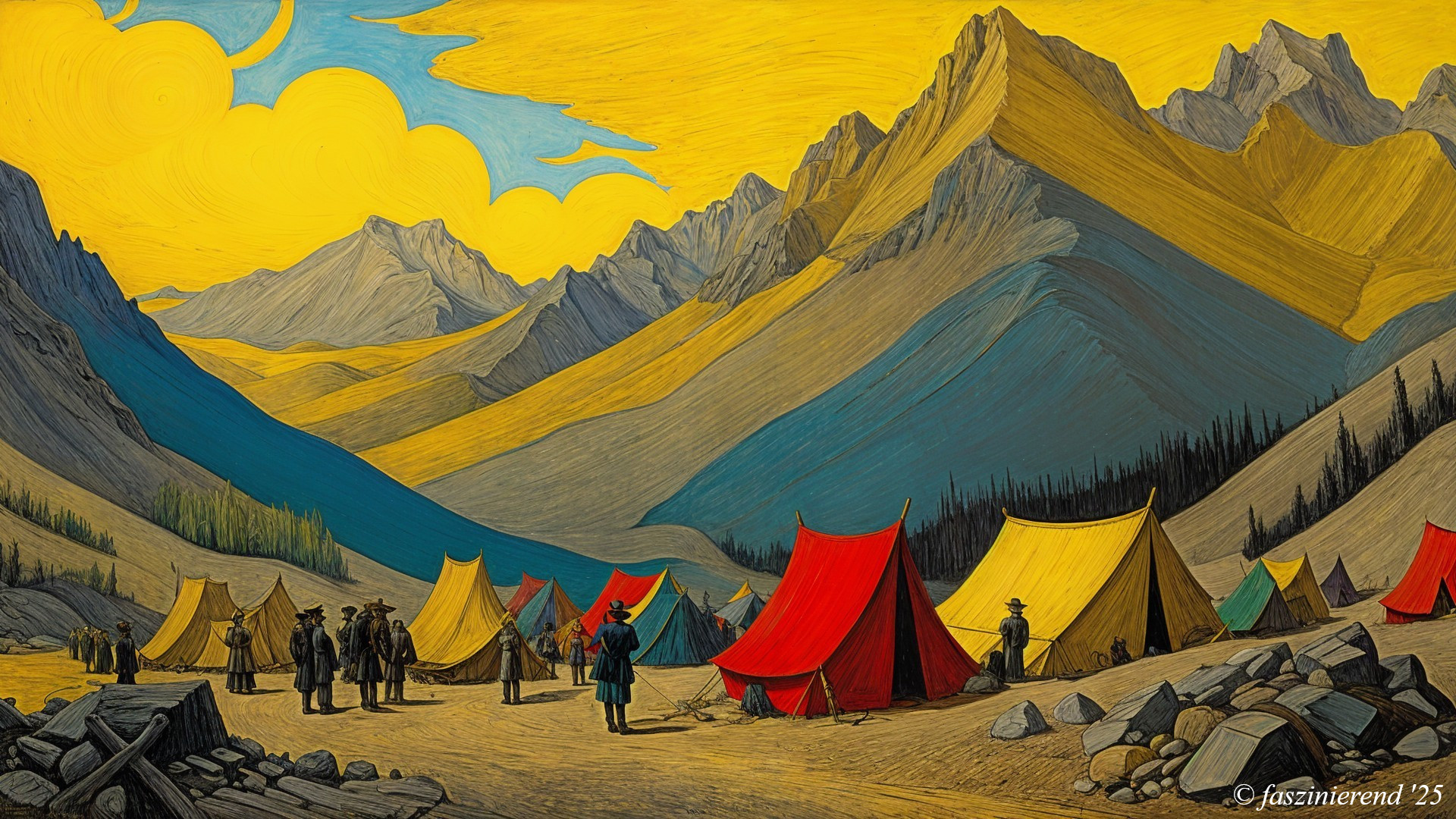 Vibrant Campsite Landscape with Majestic Mountains