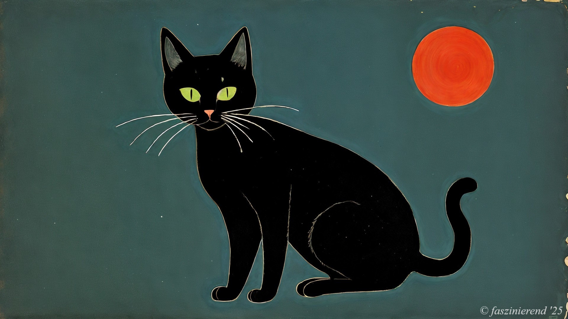 Black Cat with Green Eyes Against Blue Background