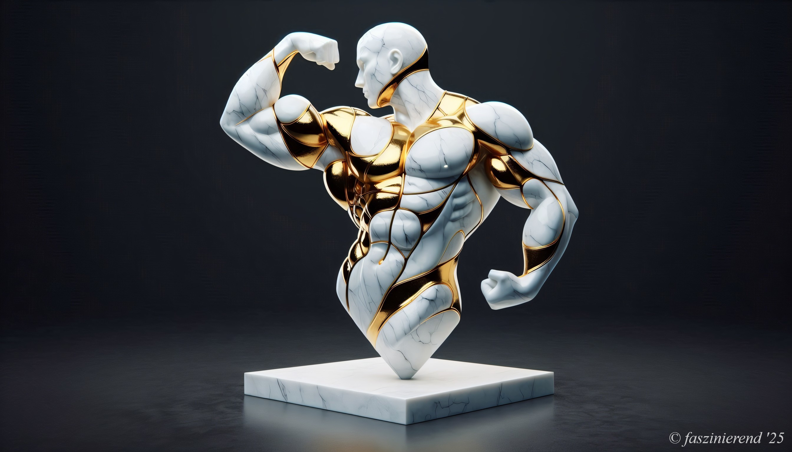 Muscular Abstract Sculpture in White Marble and Gold