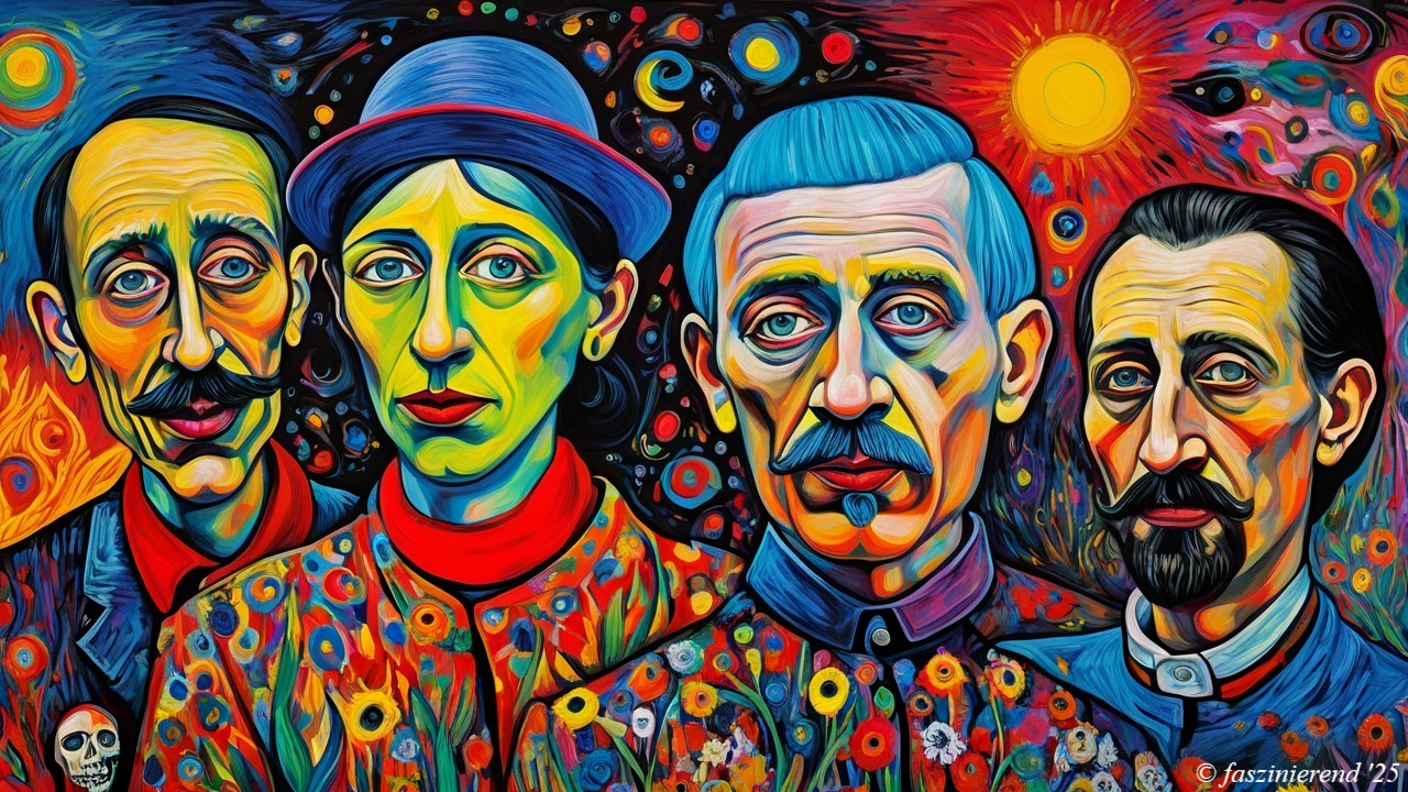 Vibrant Artwork with Stylized Figures and Colors